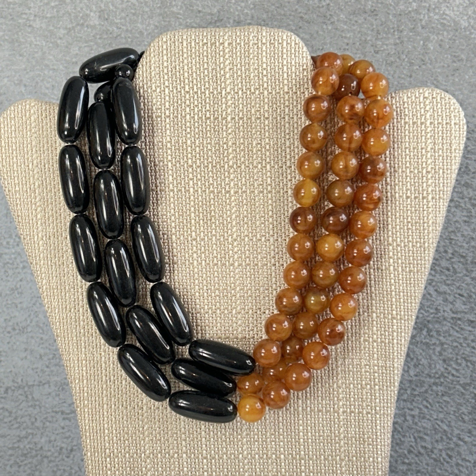 Vintage Chunky Necklace Black Marbled Golden Brown Lucite 3 Strand 18″ Statement
