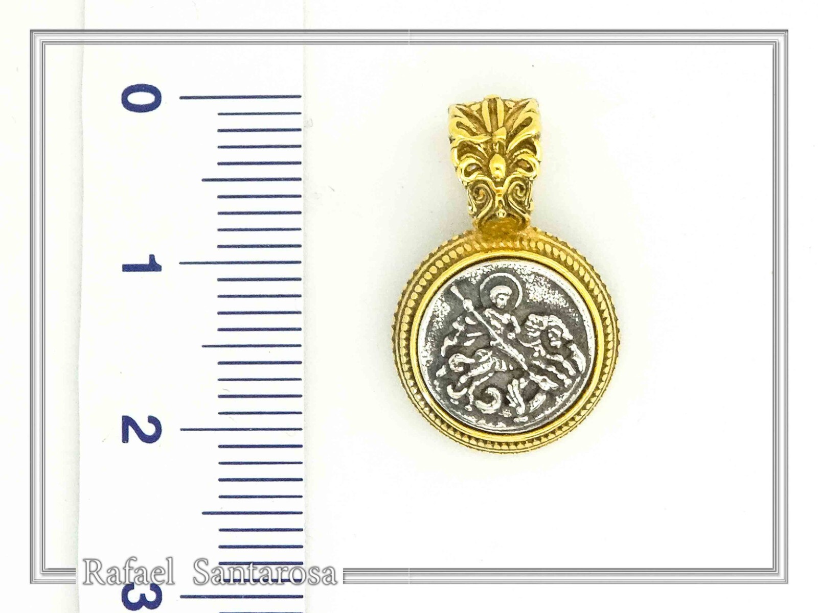 St. George killing Evil talisman charm oxidized silver coin 18ct filligree decor