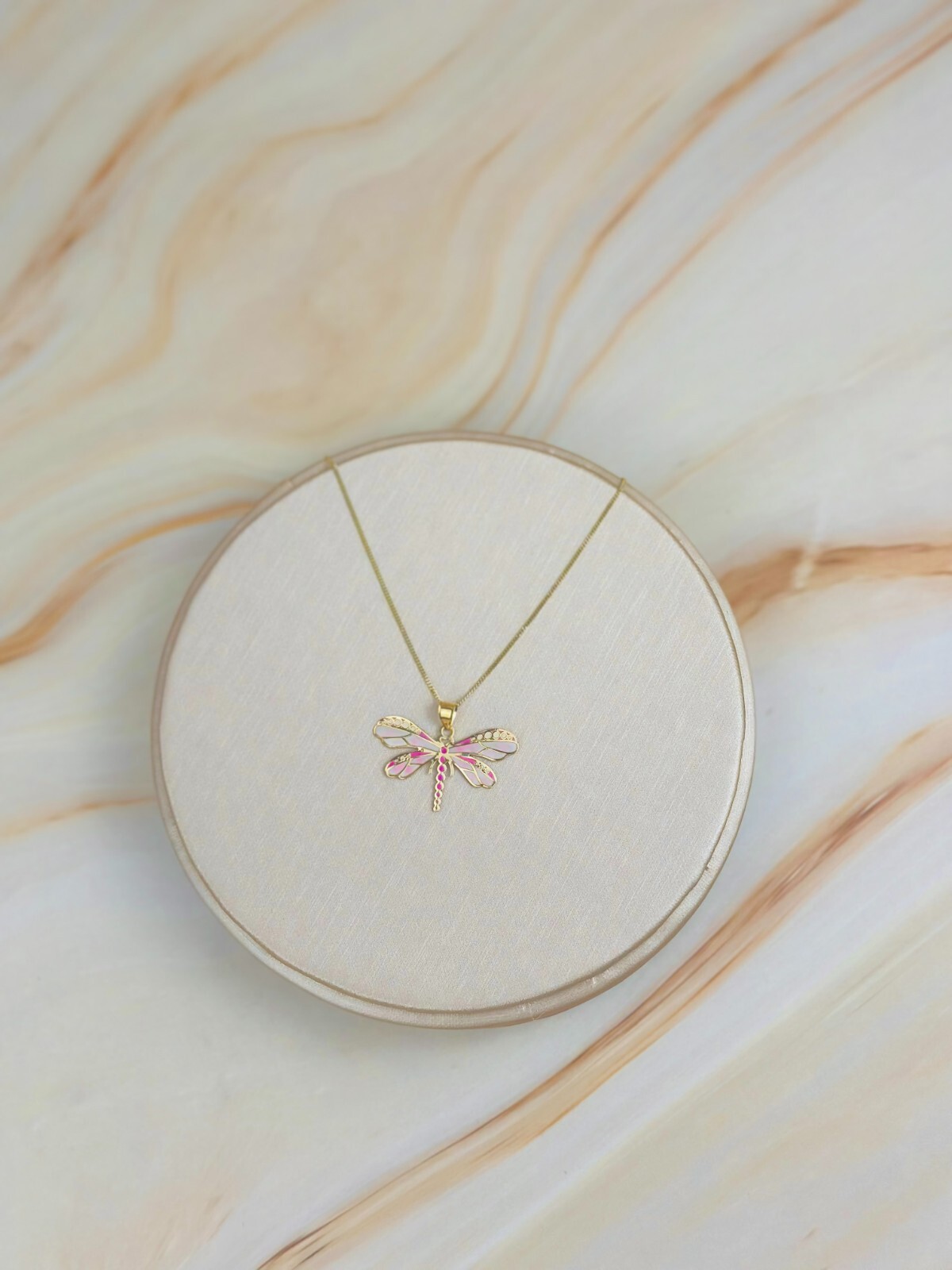 14K Solid Gold Pink Dragonfly Pendant Insect, Animal Necklace Hand-Painted Italy