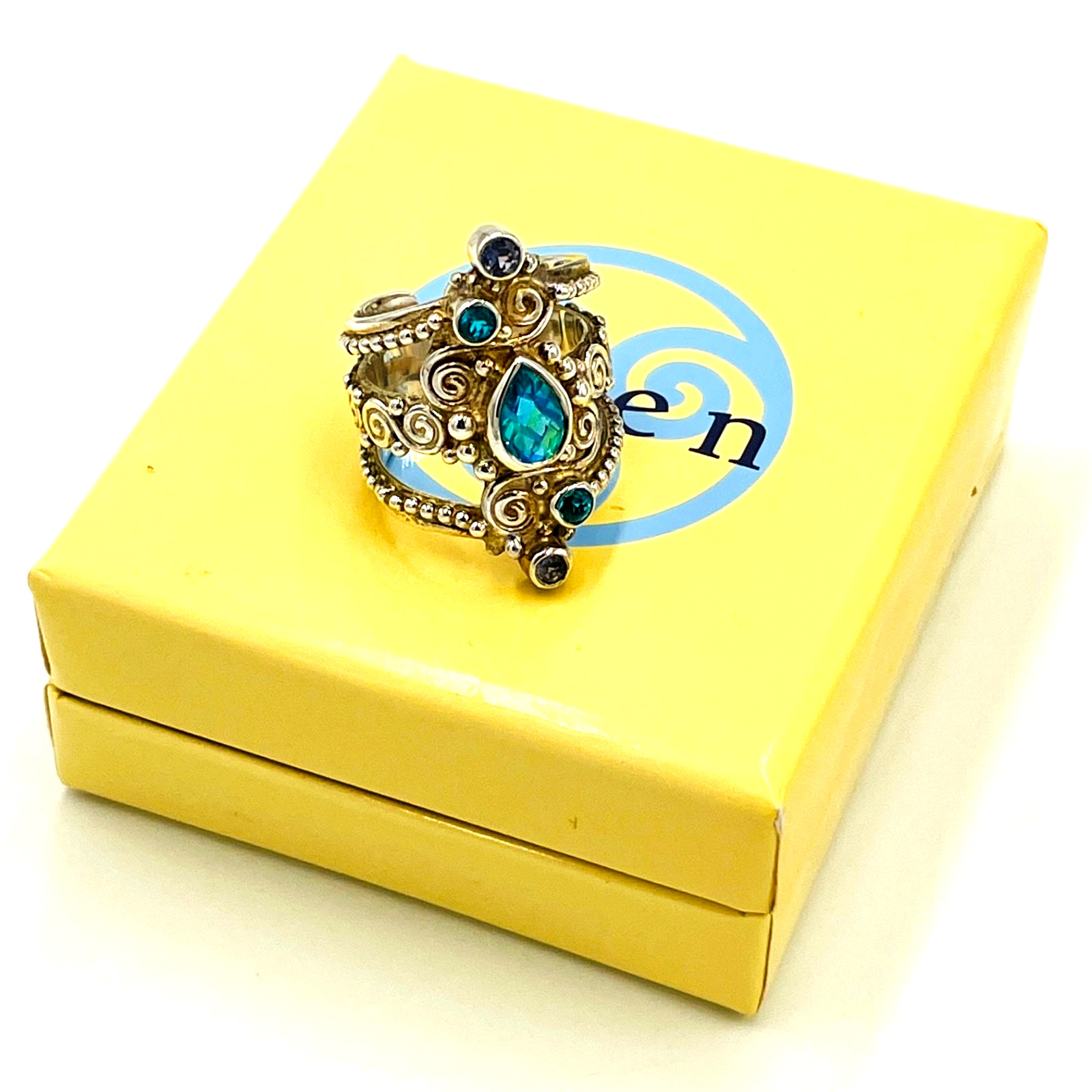 Sajen Mystic Fire Quartz Multi Gemstone 925 STS Adjustable Ring Sz 9 Boho Hippie