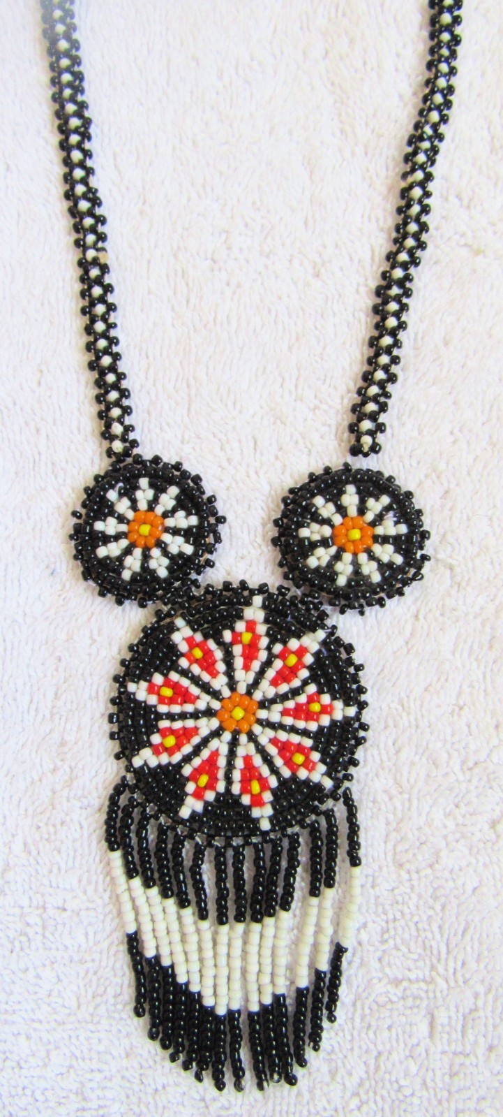 Vintage Beads Beaded Beadwork Design Sioux Indian 3 Medallion Pendant & Necklace