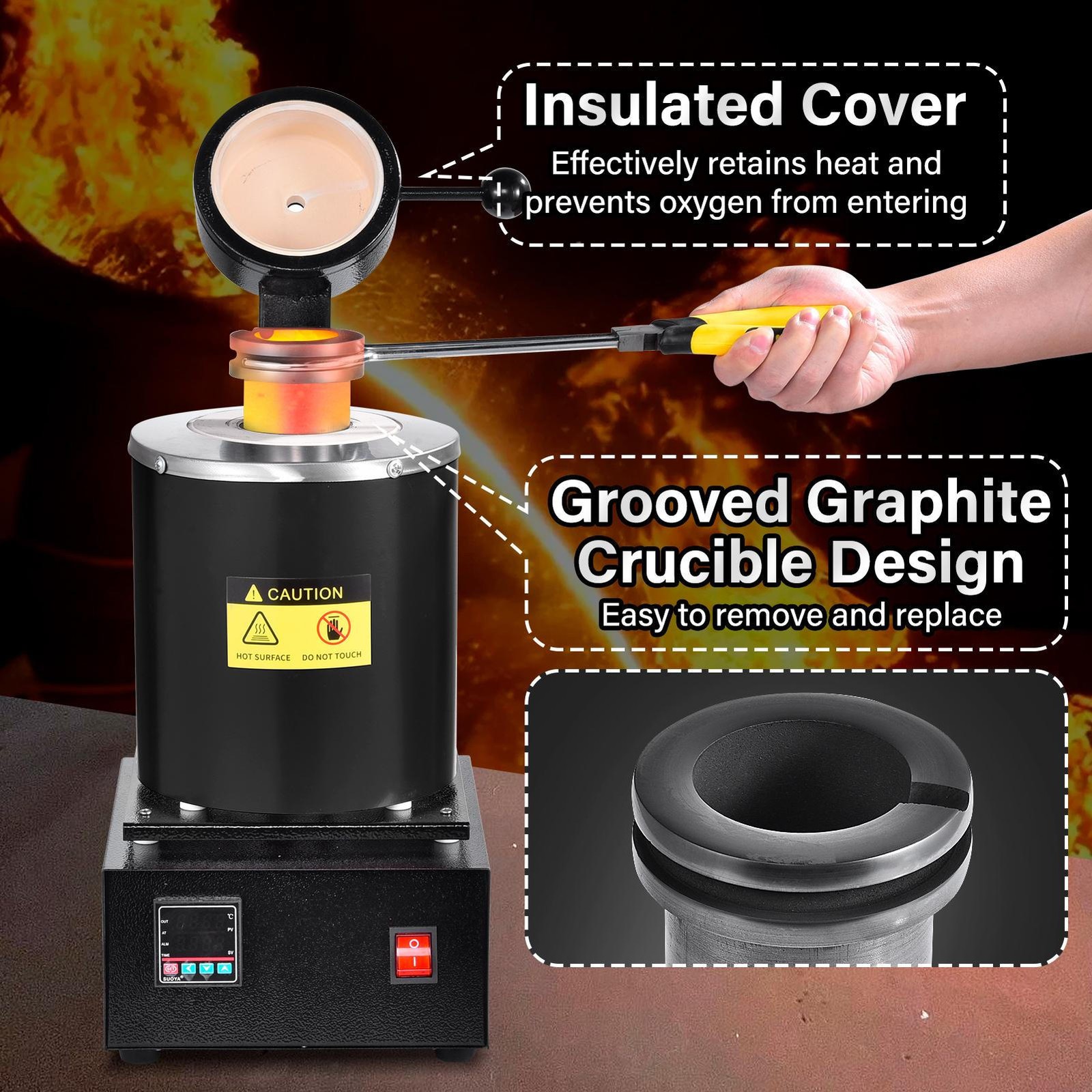 Electric Gold Melting Furnace 1500W with Digital Control and Crucibles