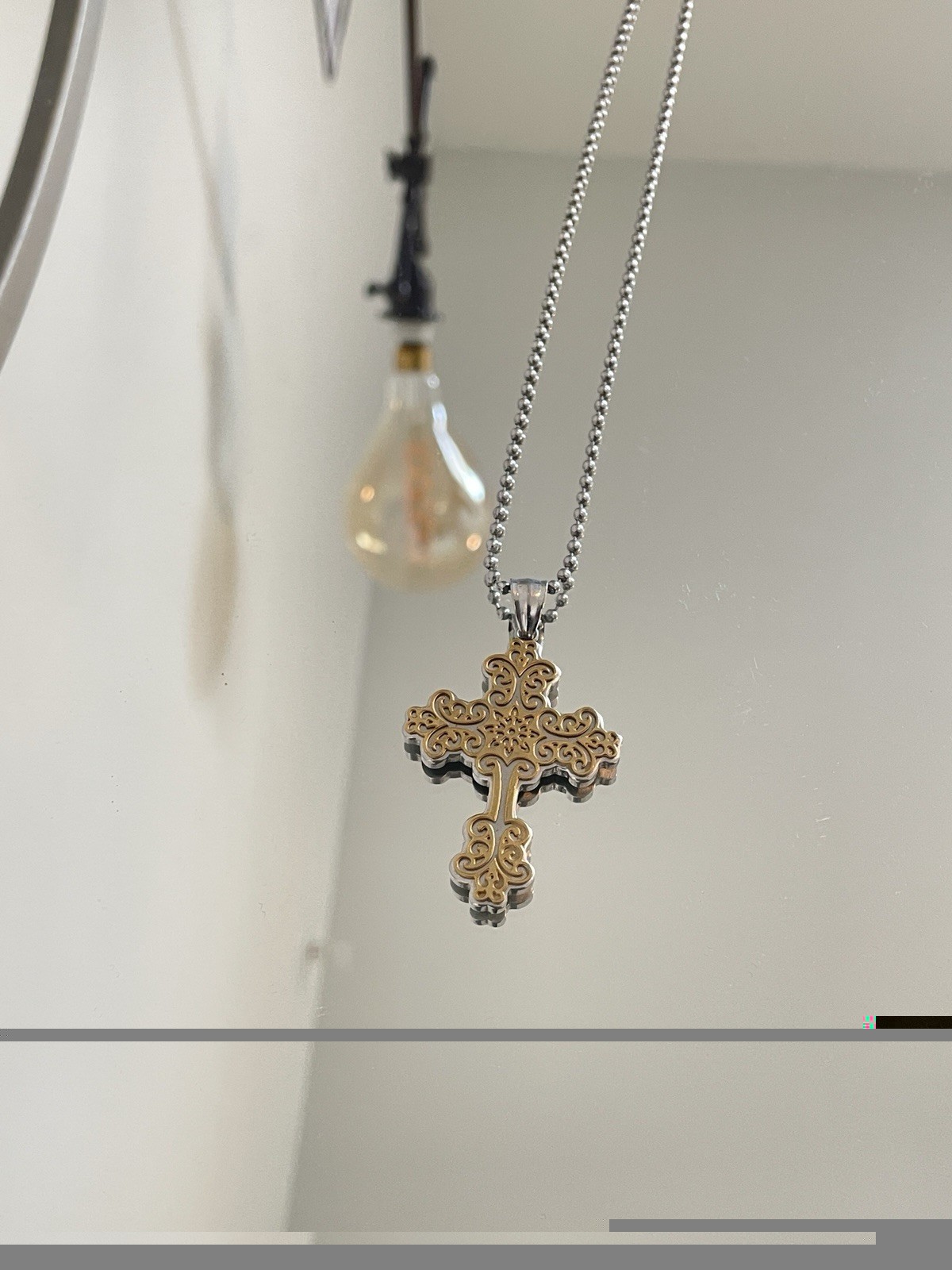 Silver Tone Metal Ball Chain Necklace with Gold Tone Filigree Cross Pendant