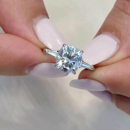 Moissanite Cushion Cut Three-Stone Women’s Engagement Ring 14K White Gold Plated
