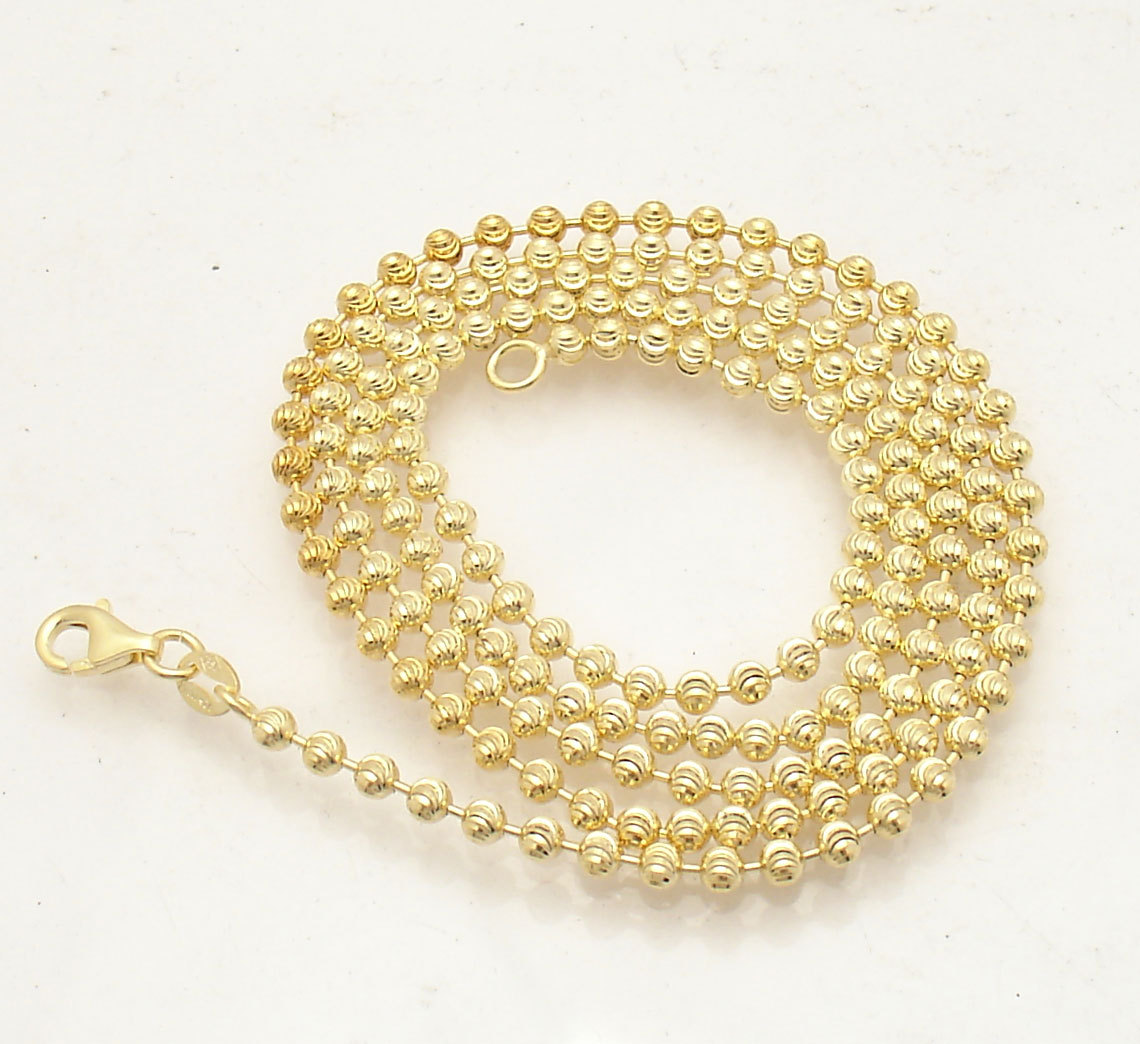 3mm Moon Cut Ball Bead Chain Necklace Solid 14K Yellow Gold Plated 925 Silver