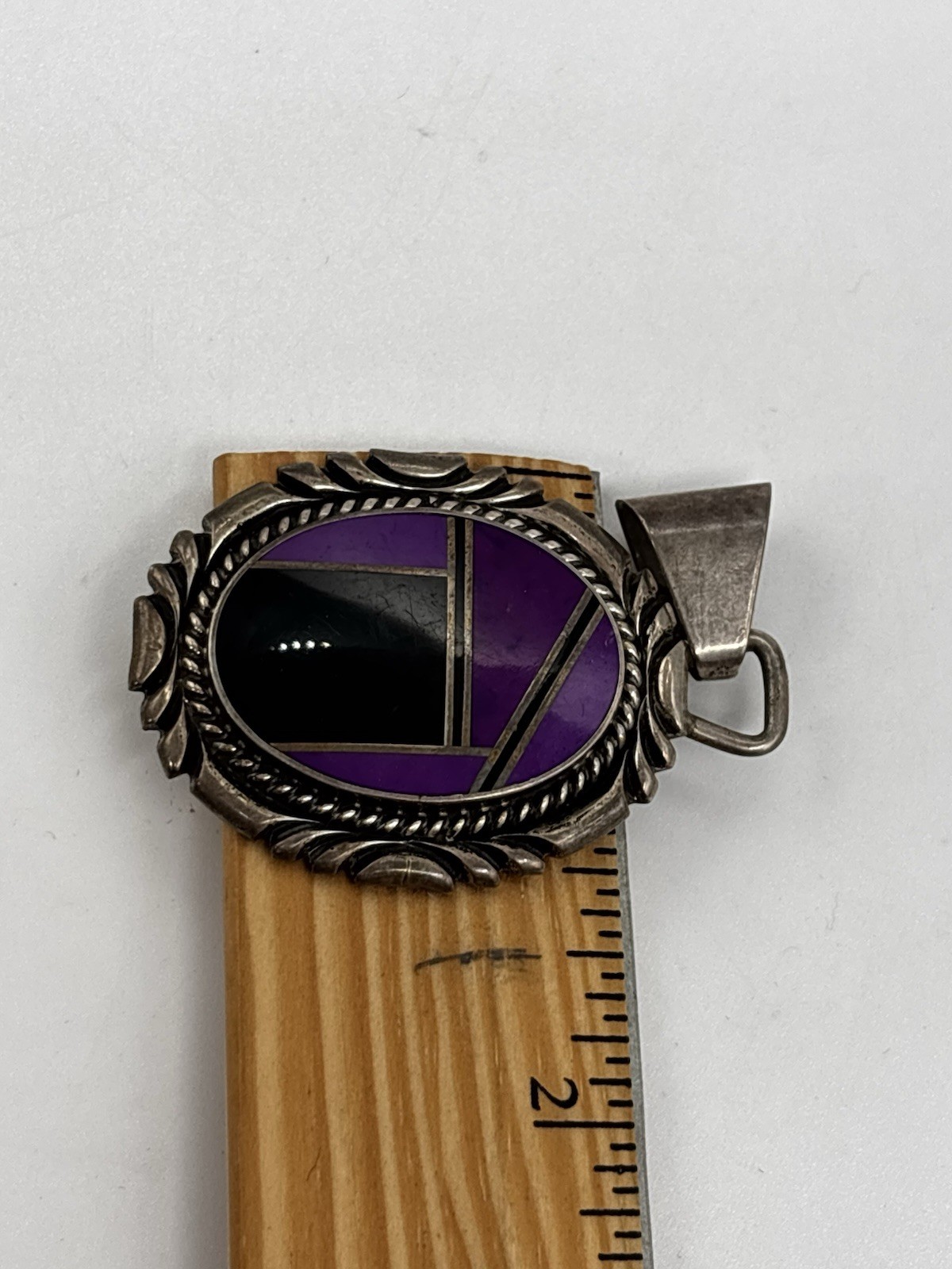 Vintage Native Sterling Silver 925 Purple Black inlay Pendant Bull Makers Mark