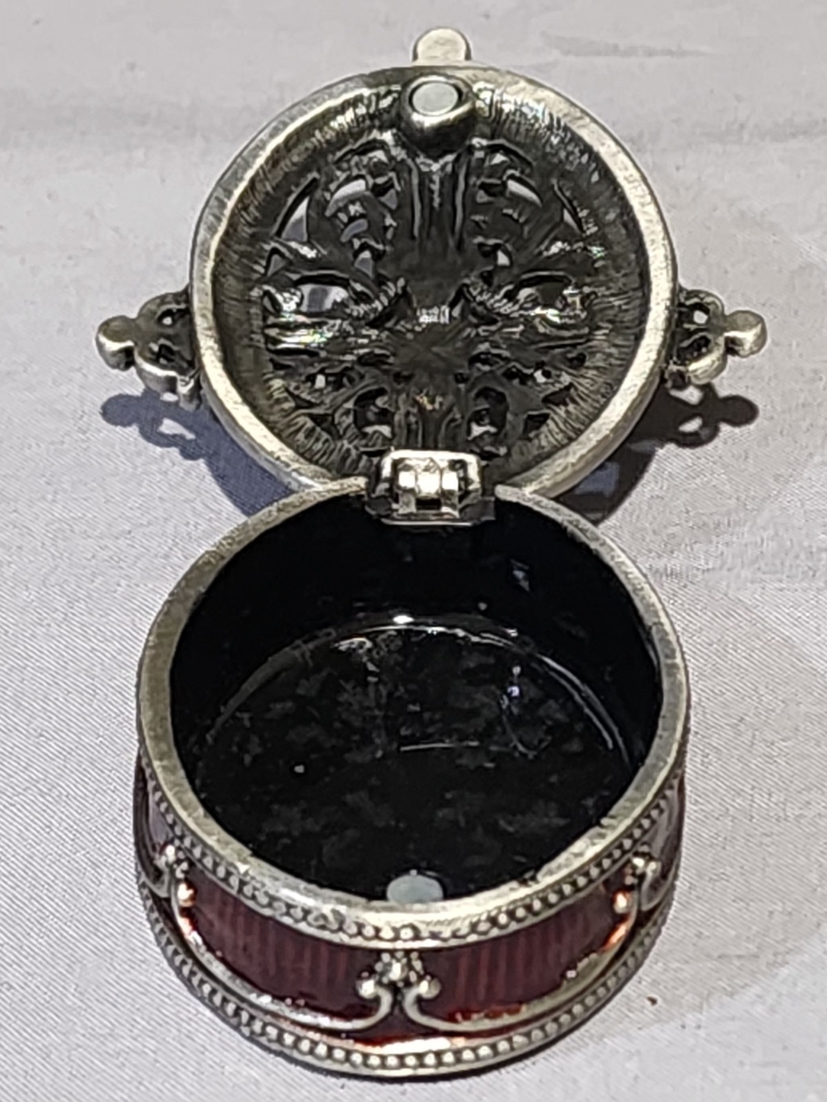 SMALL HINGED CROSS METAL AND ENAMEL TRINKET BOX RED RHINESTONES