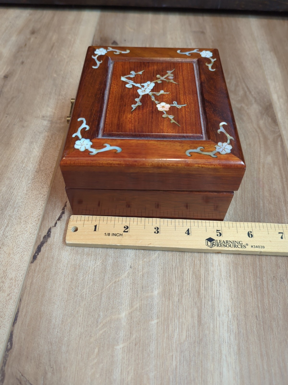 Vintage Lacquered Asian Wood Jewelry Box Mother Of Pearl Inlay