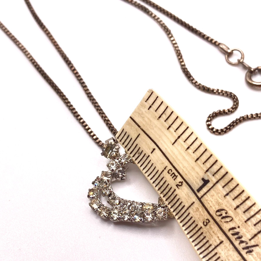 Double heart pendant necklace silver tone metal 38cm vtg sparkly rhinestones
