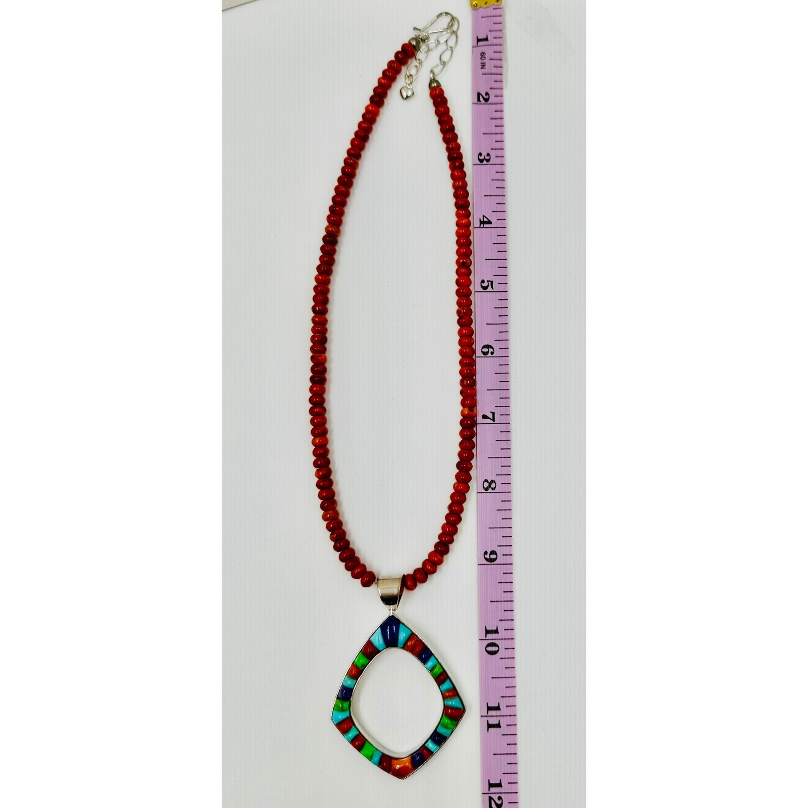 Sterling Silver Multi Stone Inlay Teardrop Pendant Red Beaded Necklace 18.5in