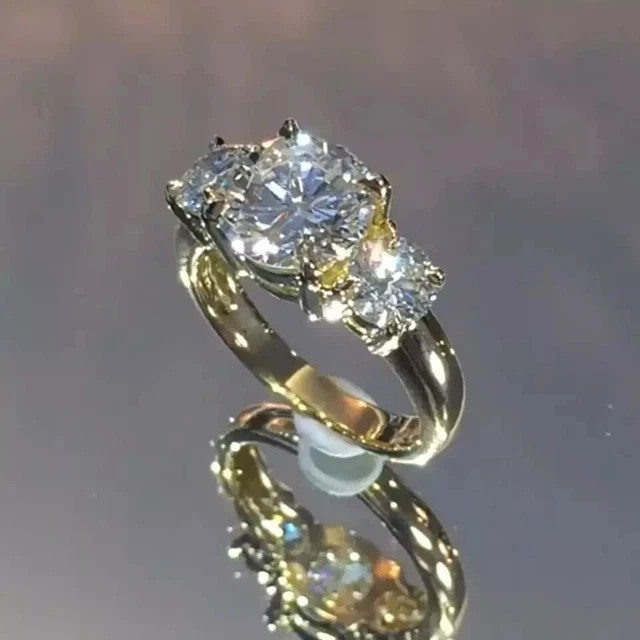 4CT Round Moissanite 3 Stone Engagement Ring 14K Yellow Gold Over 925 Silver