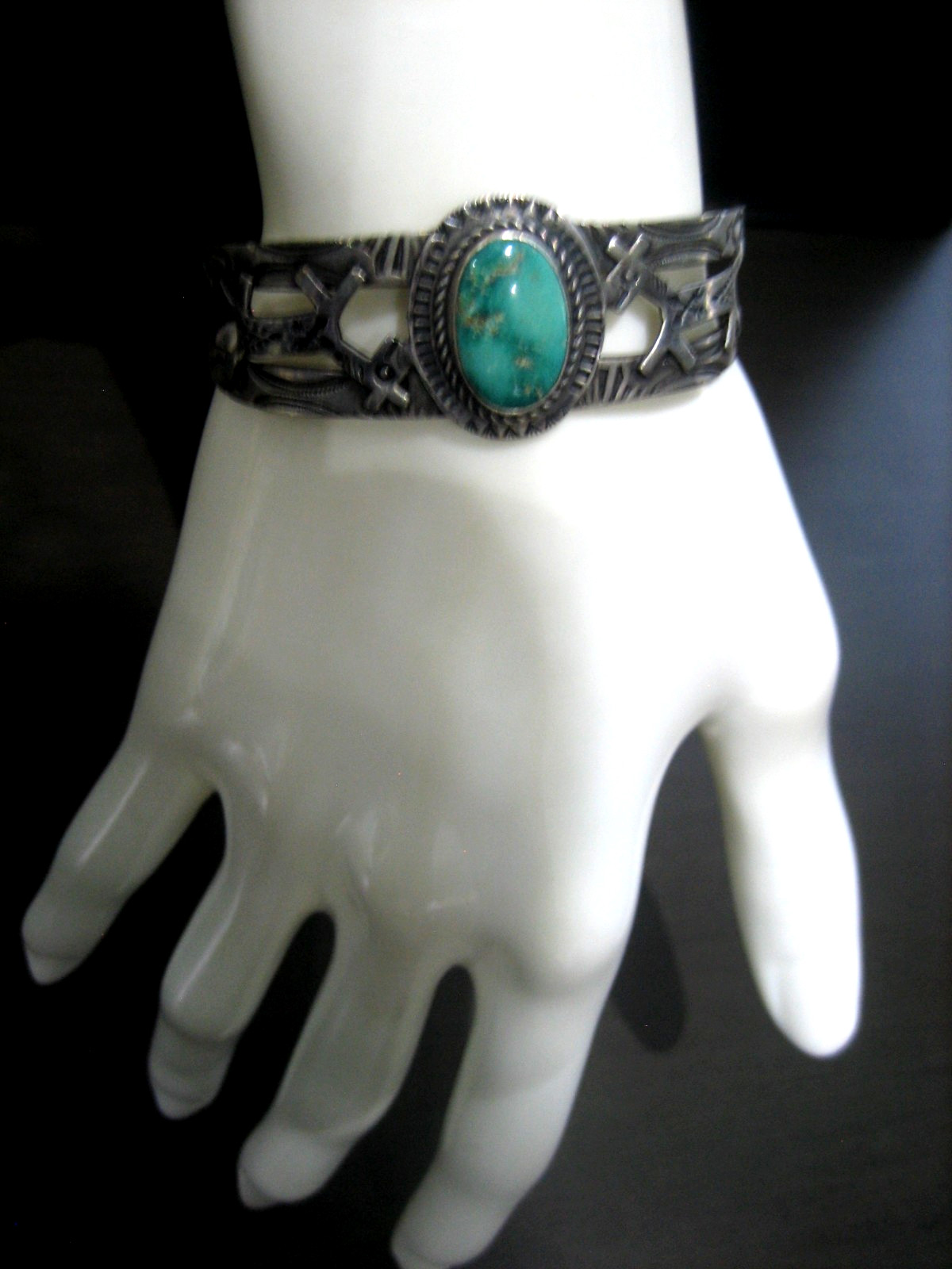 Vintage FRED HARVEY ERA Navajo Turquoise HORSE DOG STERLING SILVER CUFF BRACELET