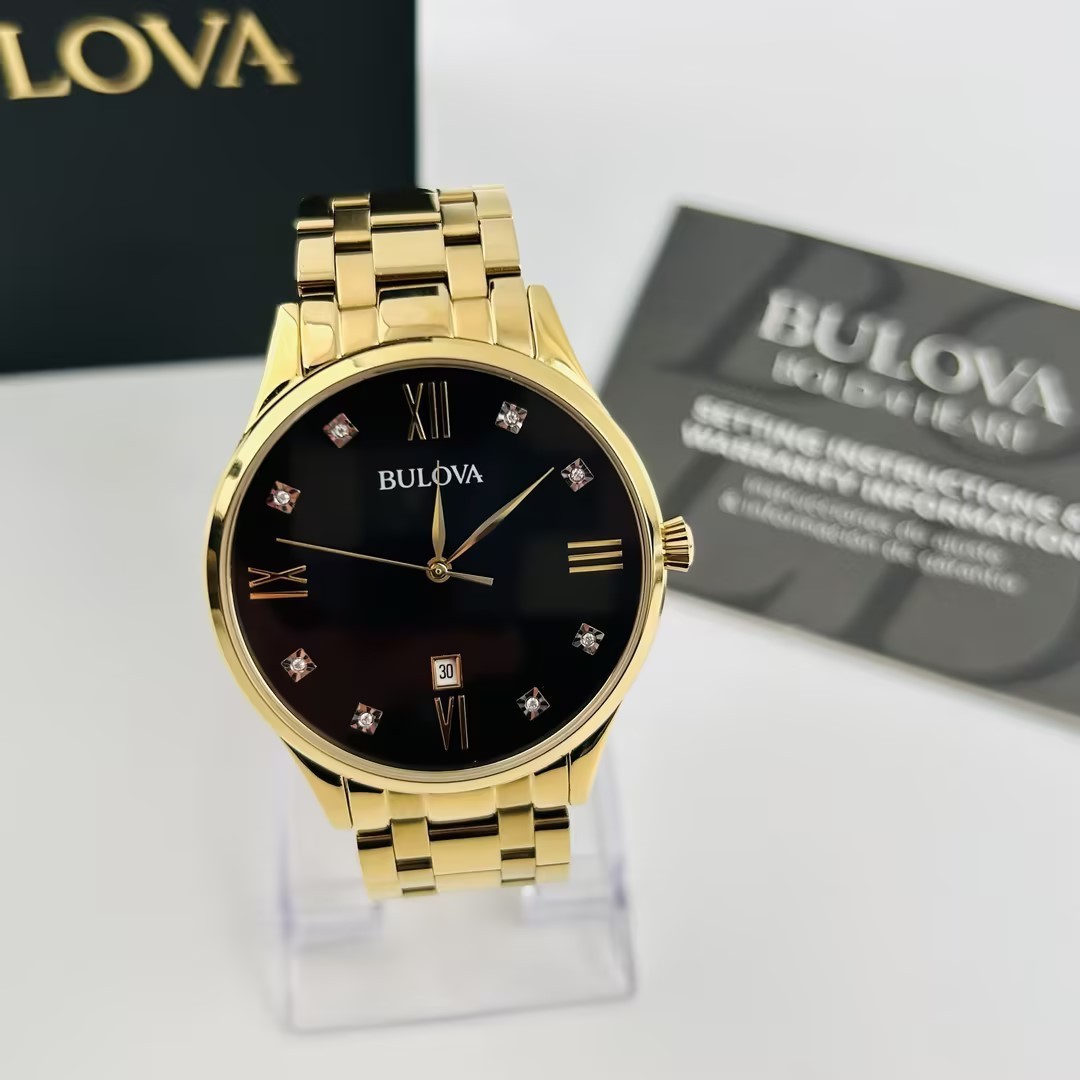 Bulova Classic 97D108 Black Dial Diamond Gold Bracelet Men’s Quartz Watch New