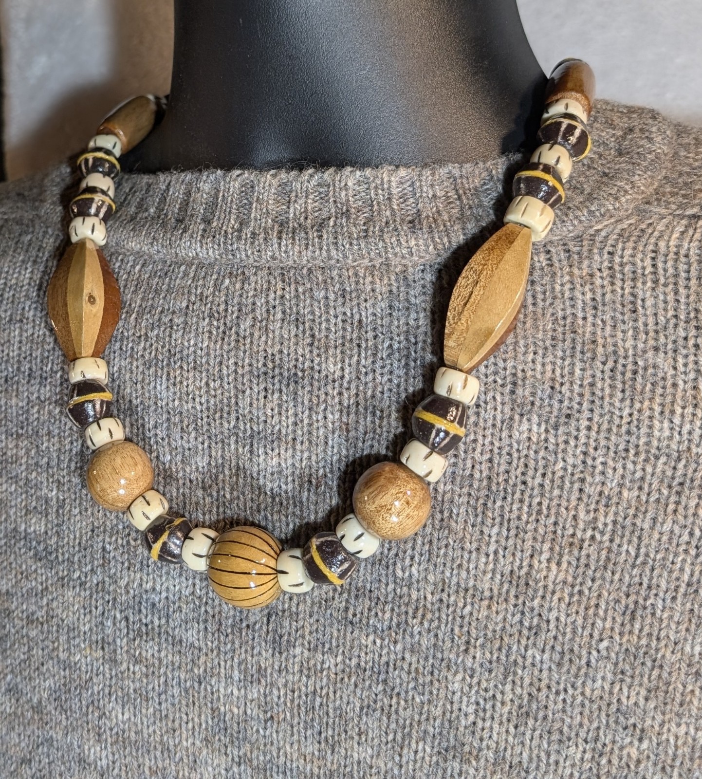 Tribal Wood Bead Necklace, African Krobo Bicone, Bone, Men’s 23in, Earth Tones