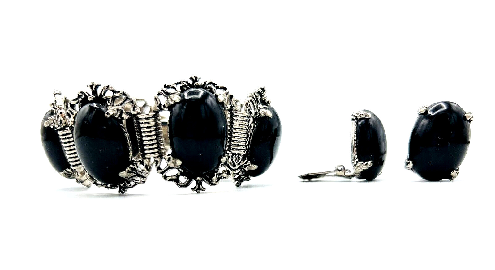 Vintage Silver Tone Black Cabochon Bracelet Clip On Earrings Set