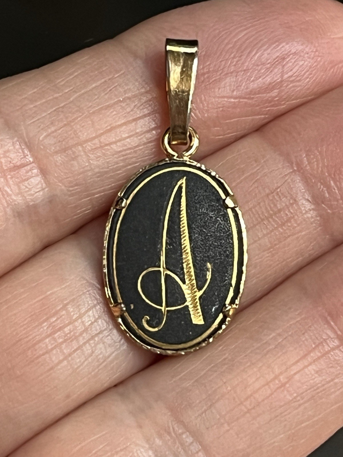 Damascene Gold Oval Initial Pendant on Chain Necklace by Midas of Toledo Spain