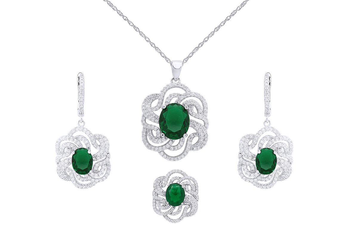 Emerald & CZ Flower Pendant Earrings Ring Set 14K White Gold Plated Silver