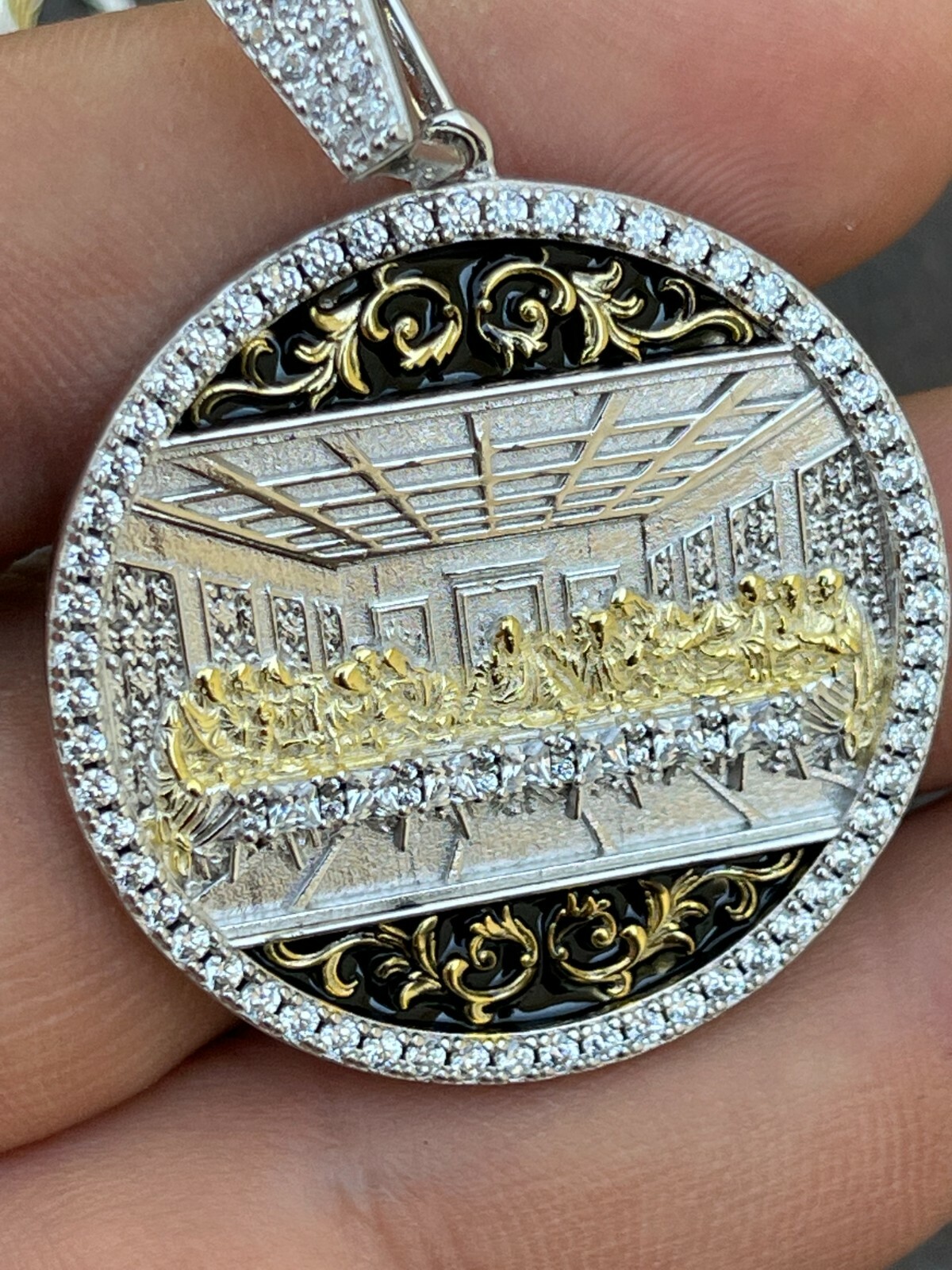 Solid 925 Silver / Gold Plated Jesus Last Supper Coin Medallion Pendant Italy CZ