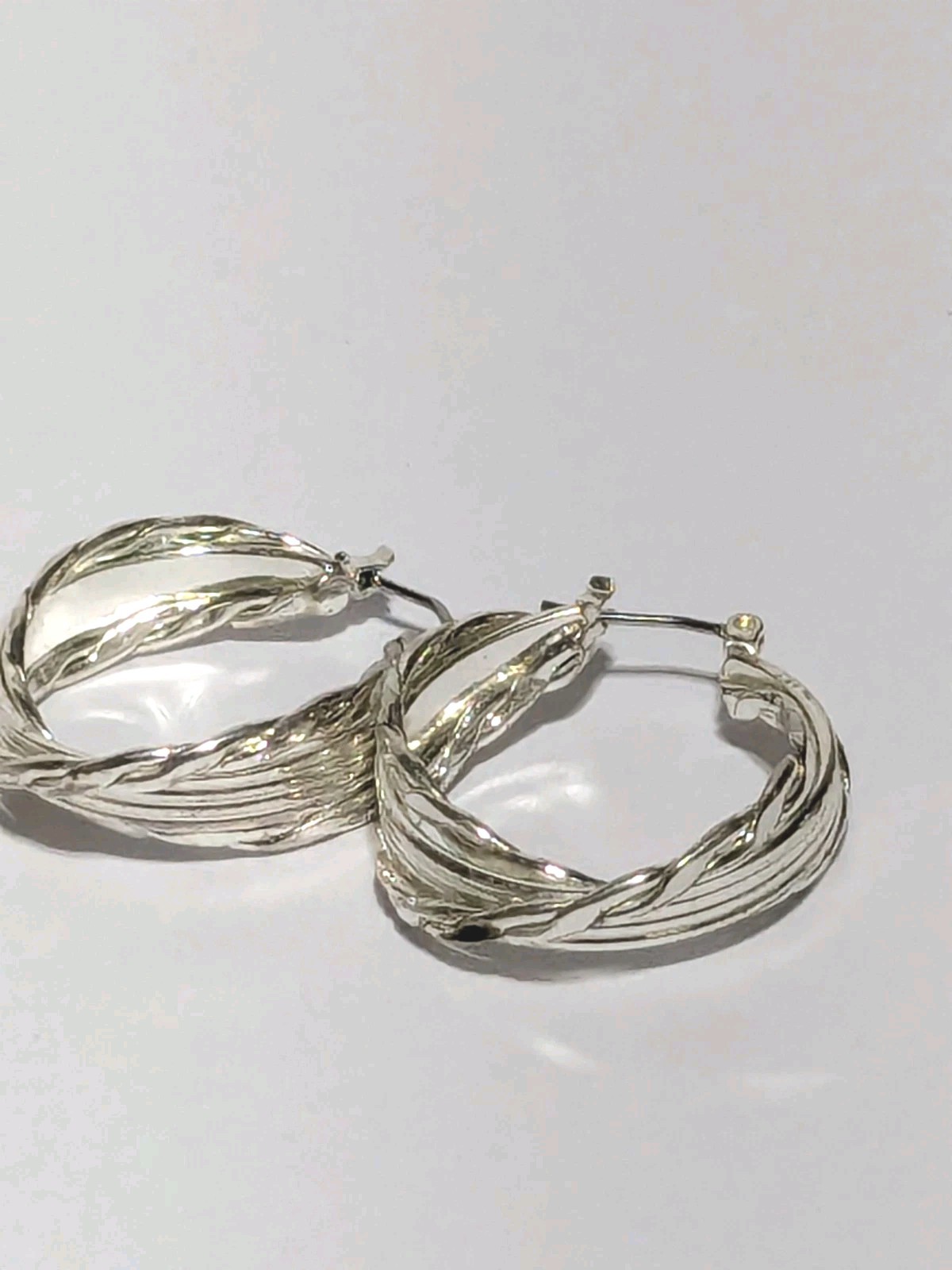 Silver Tone Twisted Textured Hoop Push Lock Dangle Earrings 1″.