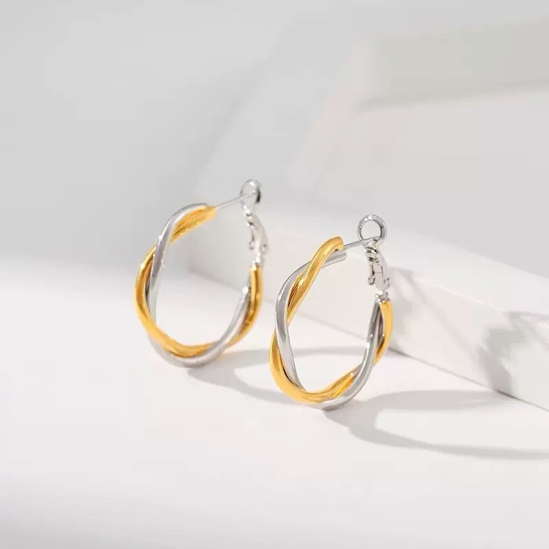 Two Tone Twisted Huggie Hoop Earrings Minimalist Gold Silver Braided Hoops C25