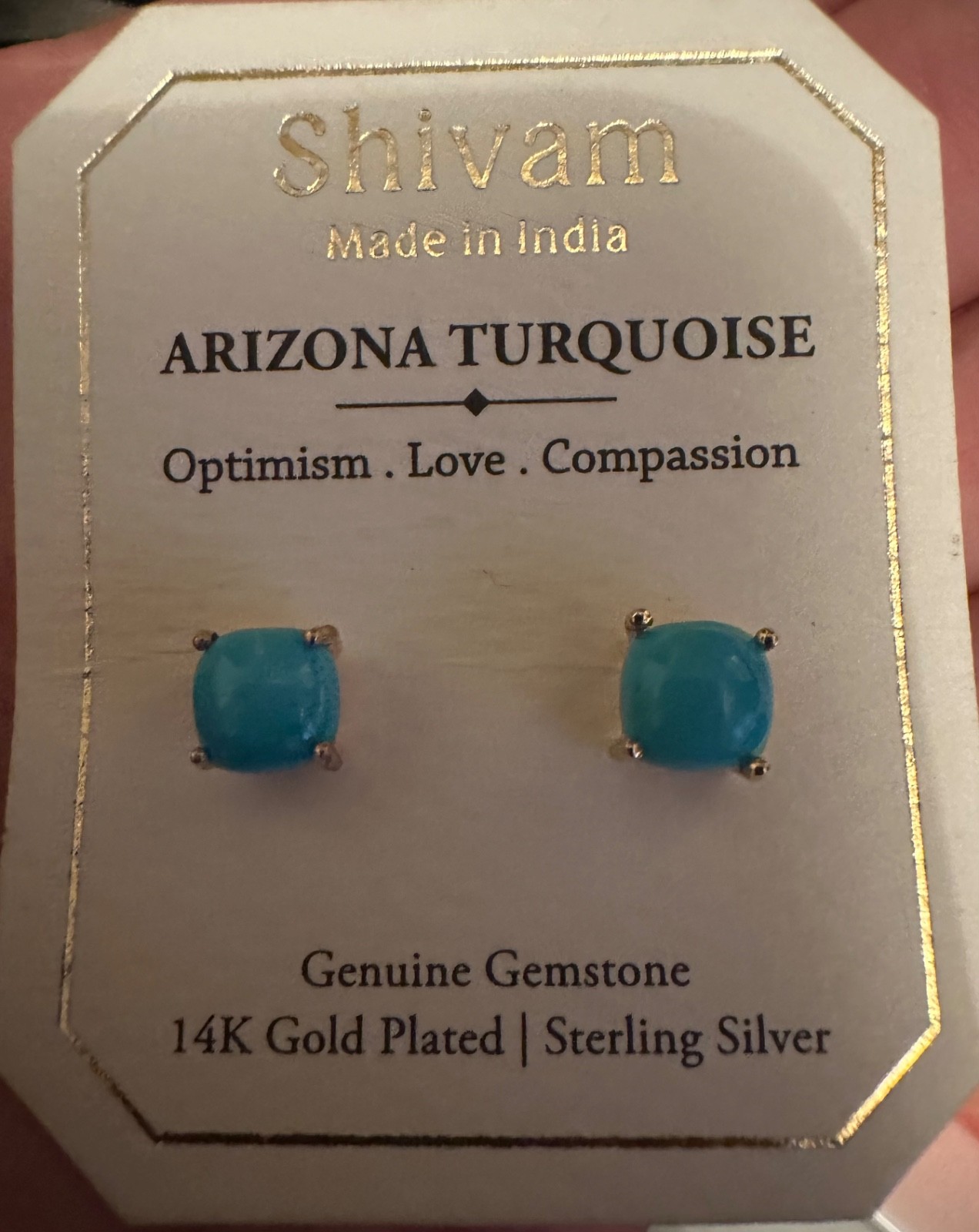 Shivam 14K Gold/Sterling Silver Blue Genuine Arizona Turquoise Stud Earrings~New