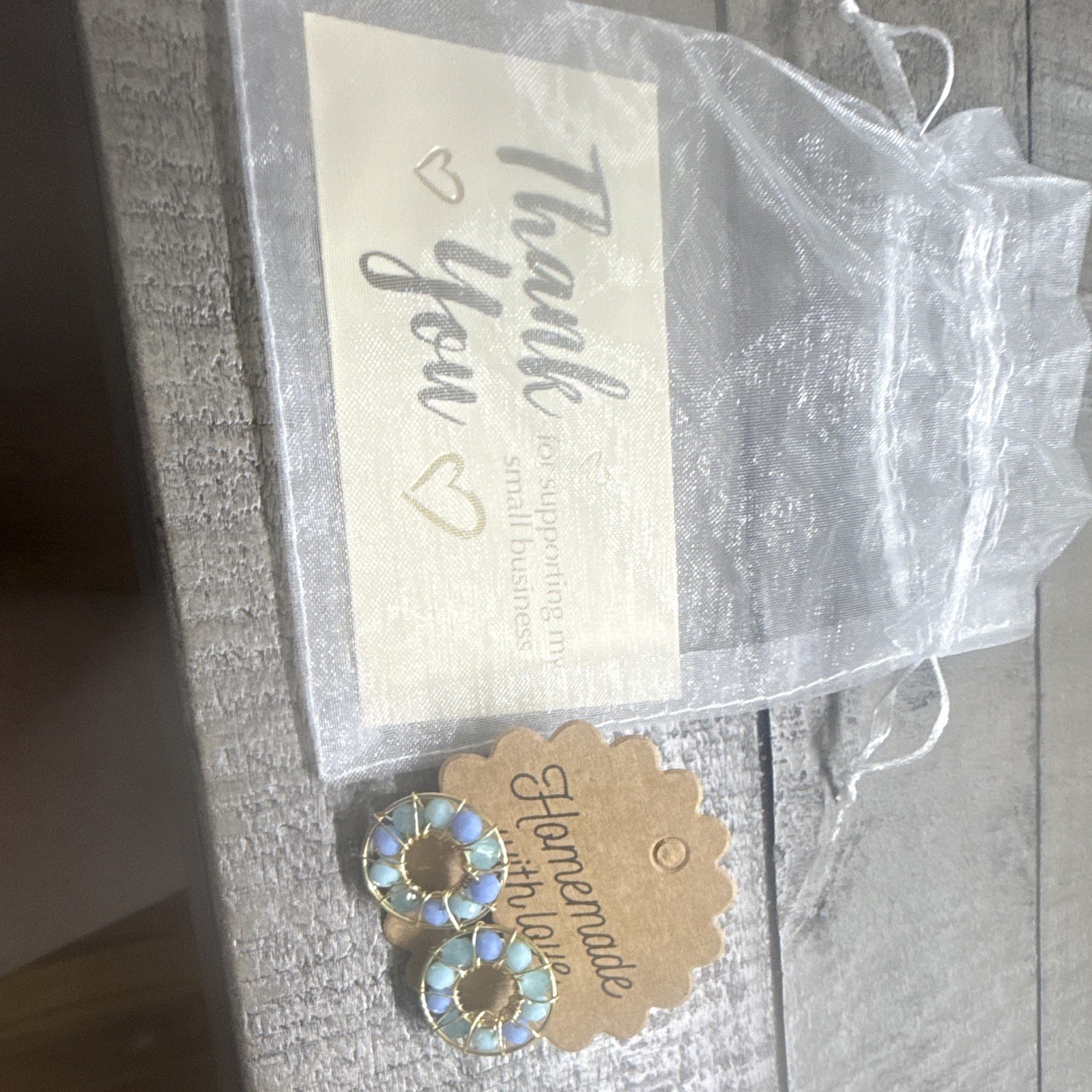 Handmade Gold Tone Blue Round Beaded Stud Earrings, Butterfly Back