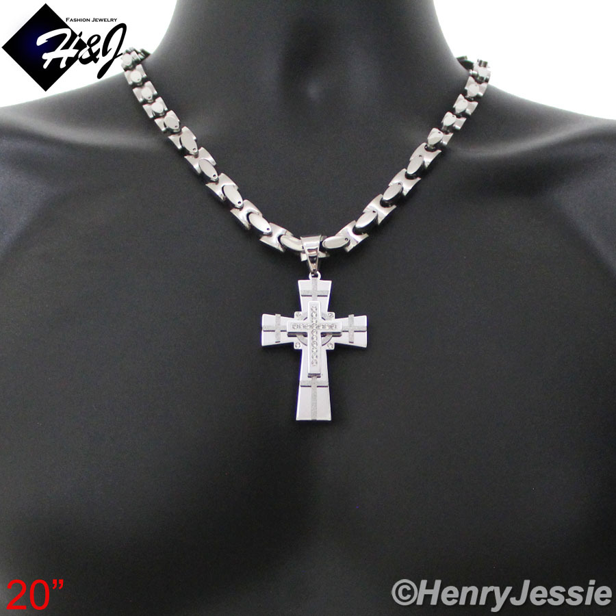 18-40″MEN Stainless Steel 8mm Silver Interlock Bone Necklace CZ Cross Pendant*N7