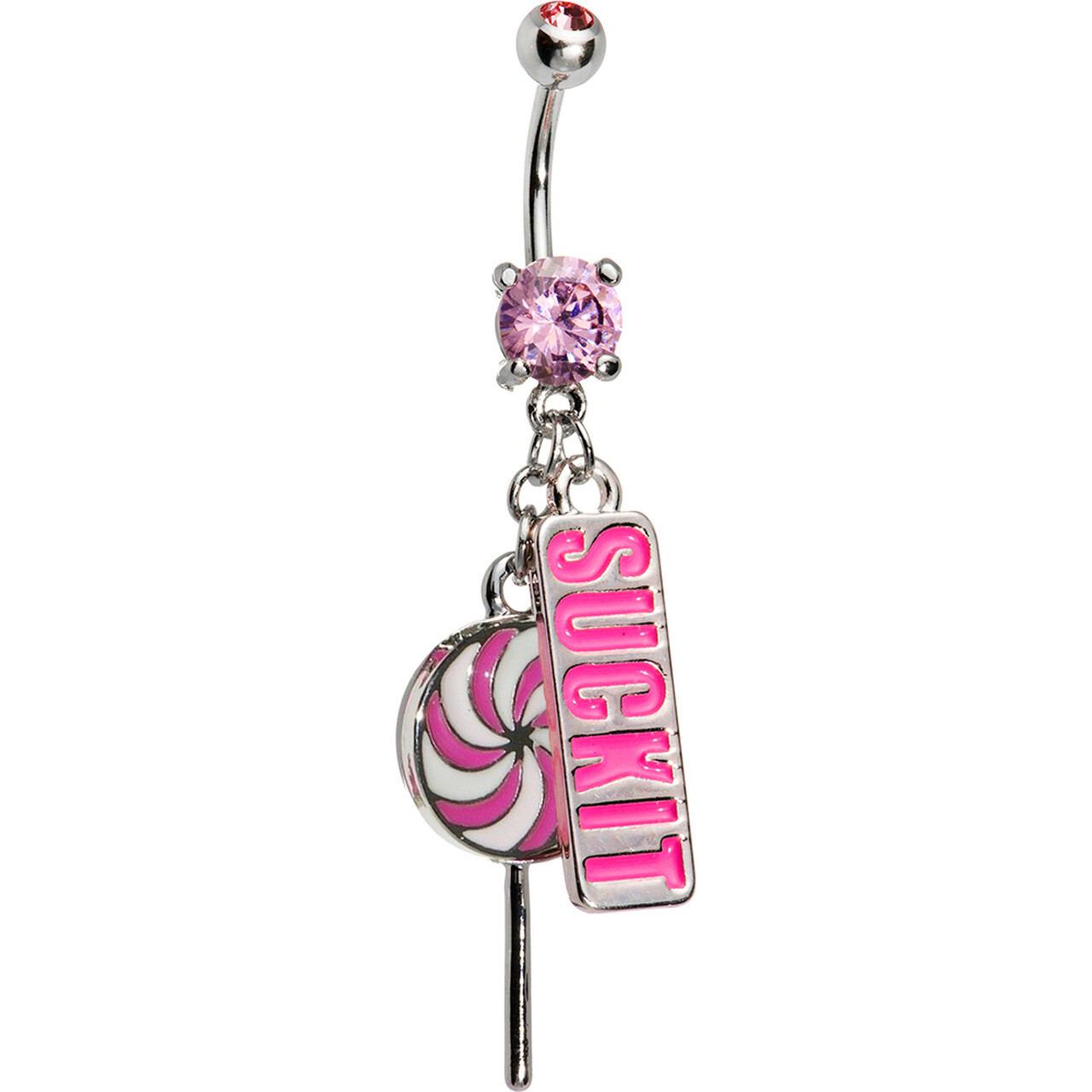 14G Belly Button Ring Pink CZ Gem and Lollipop Dangle Surgical Steel Navel Ring