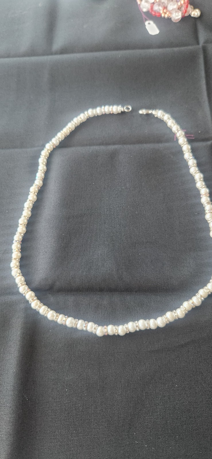 handmade beaded necklace, 21 inches, pearl and silver