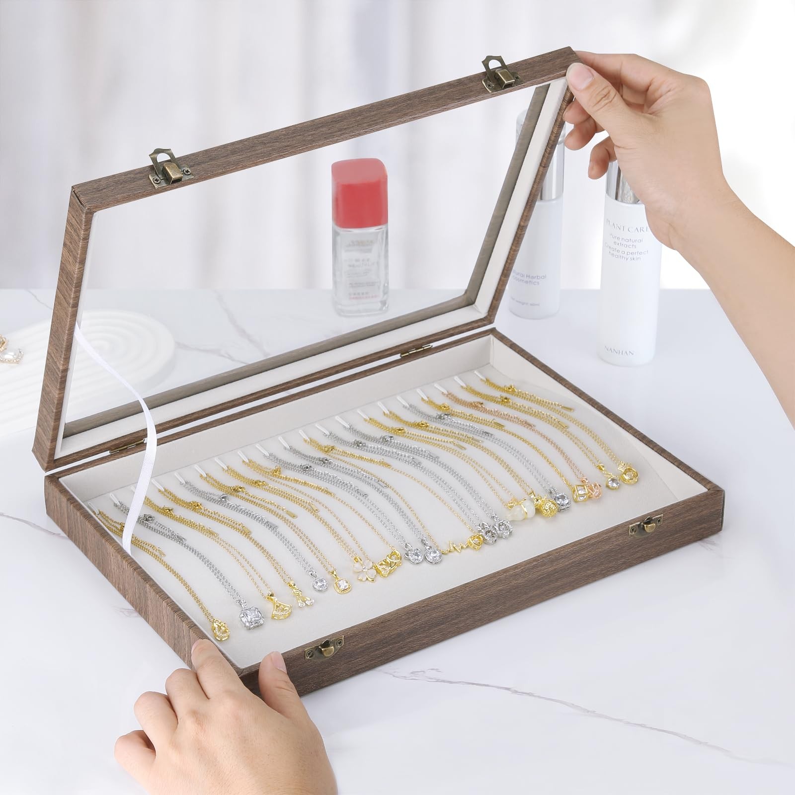 KUKUVR 20 Hooks Velvet Necklace Organizer Box (Wood Style) Wood Style