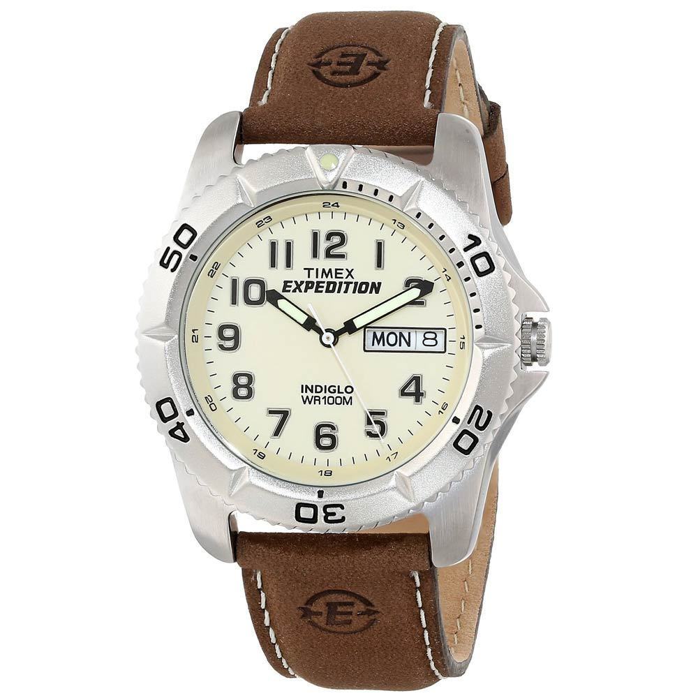 Timex T46681, Men’s Expedition Brown Leather Watch, Indiglo, Day/Date, 100 Meter