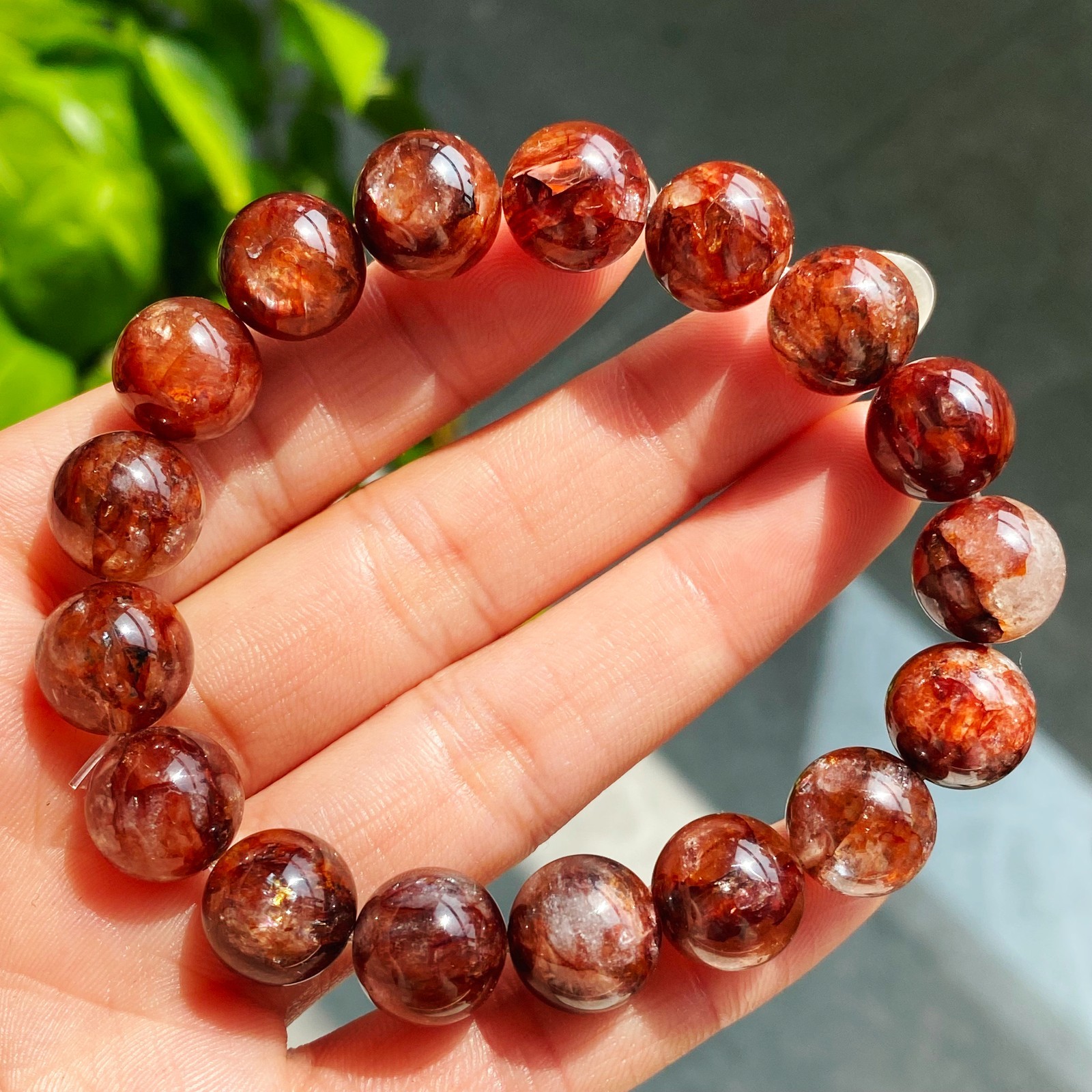 11.8mm Natural Red Multi-inclusions Phantom Quartz Crystal Beads Bracelet 2909