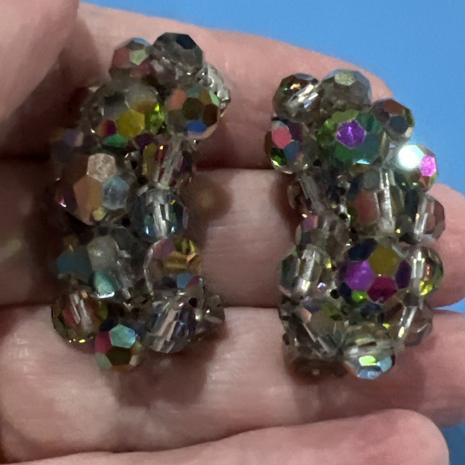 vintage aurora borealis beaded Clip On Earrings