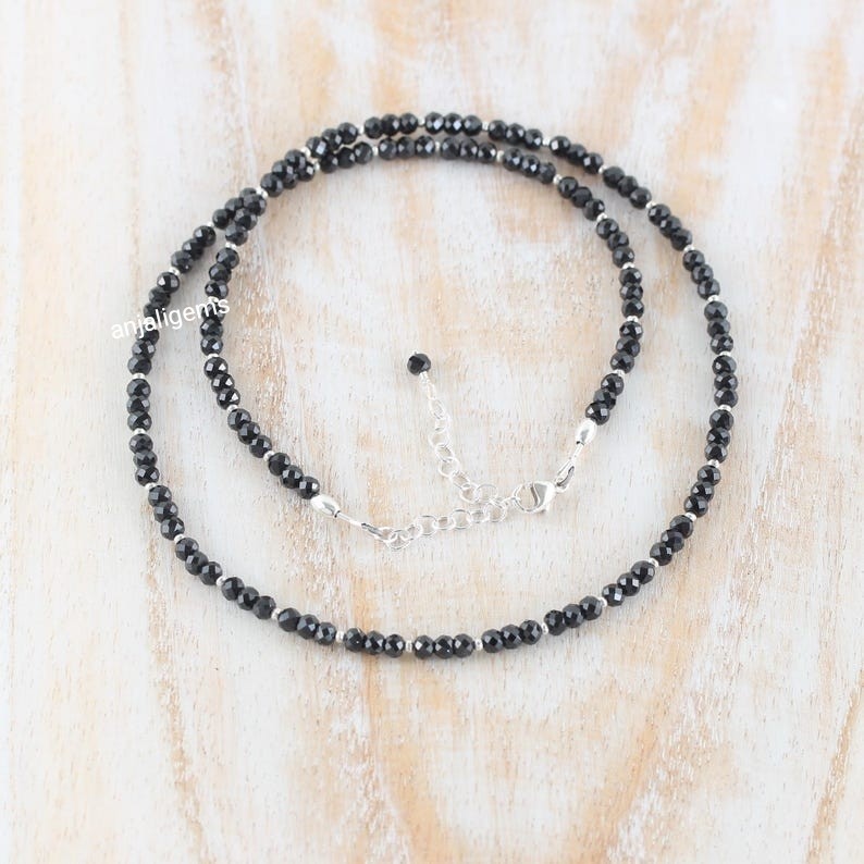 AA+ Natural Black Sapphire Gemstone Beads Necklace In 925 Silver Woman Jewelry A
