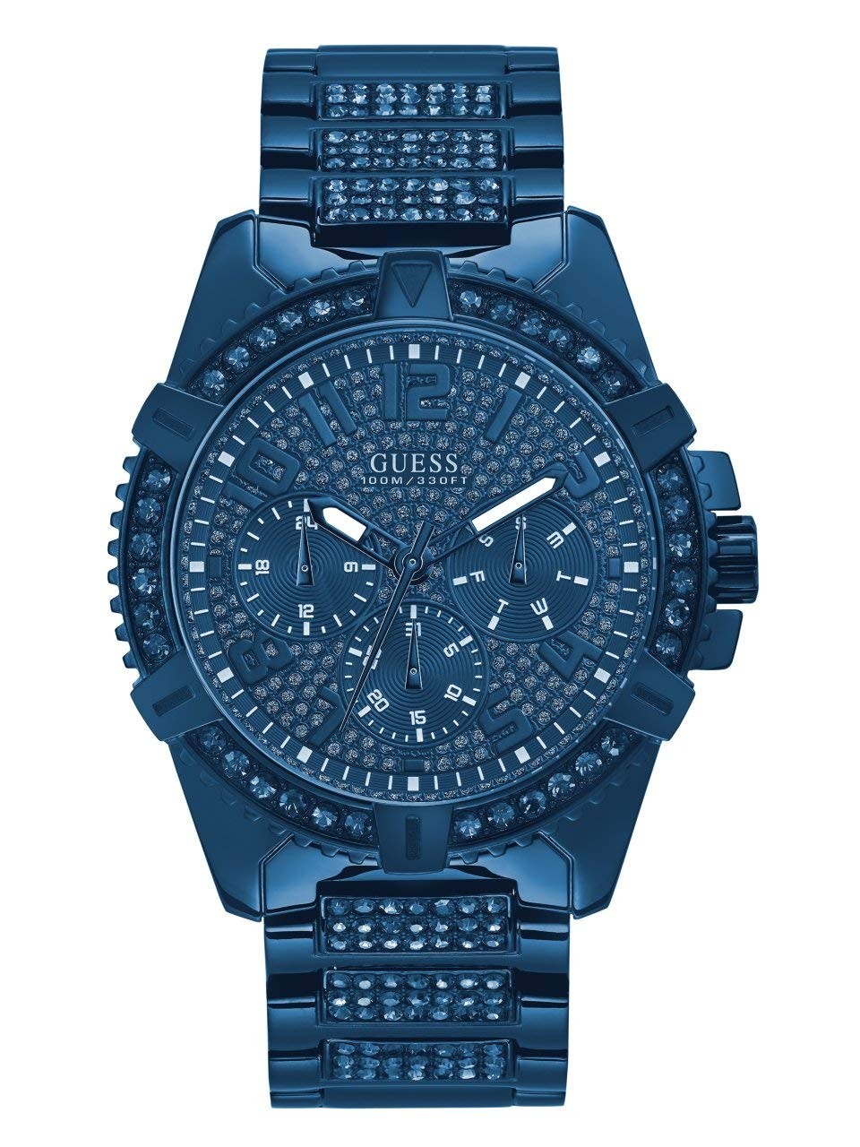 GUESS Stainless Steel Iconic Blue Crystal Embellished Bracelet Watch with Day,