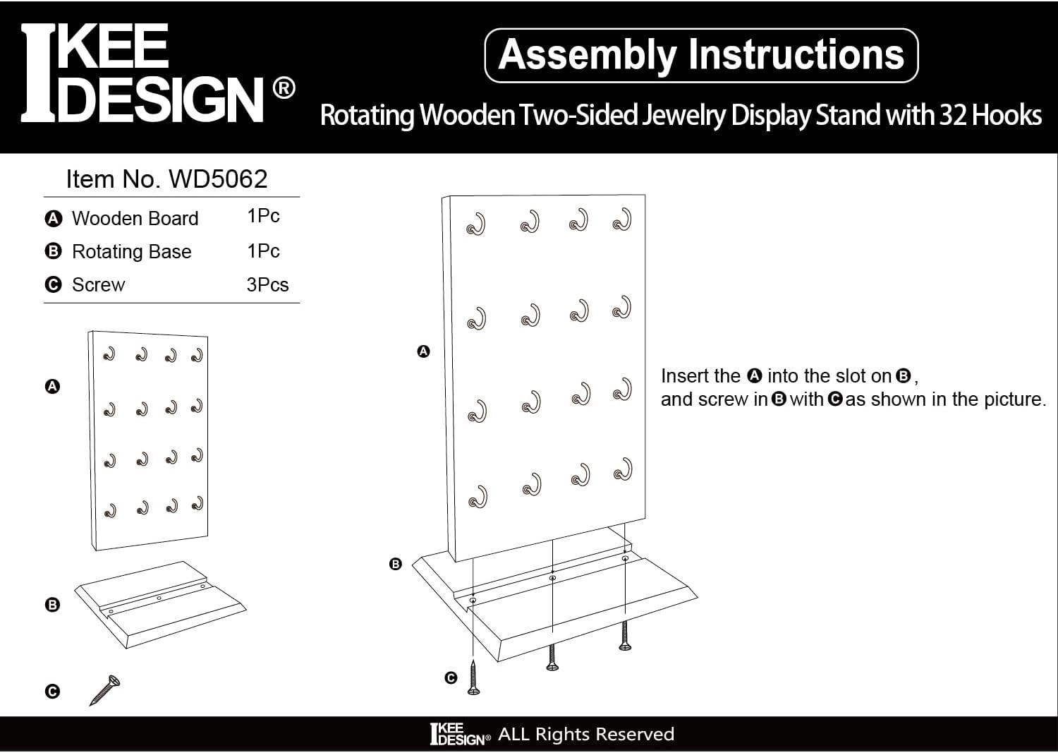 Elegant Wood Rotating Two-Sided Jewelry Display with 32 Hooks in Coffee Finish