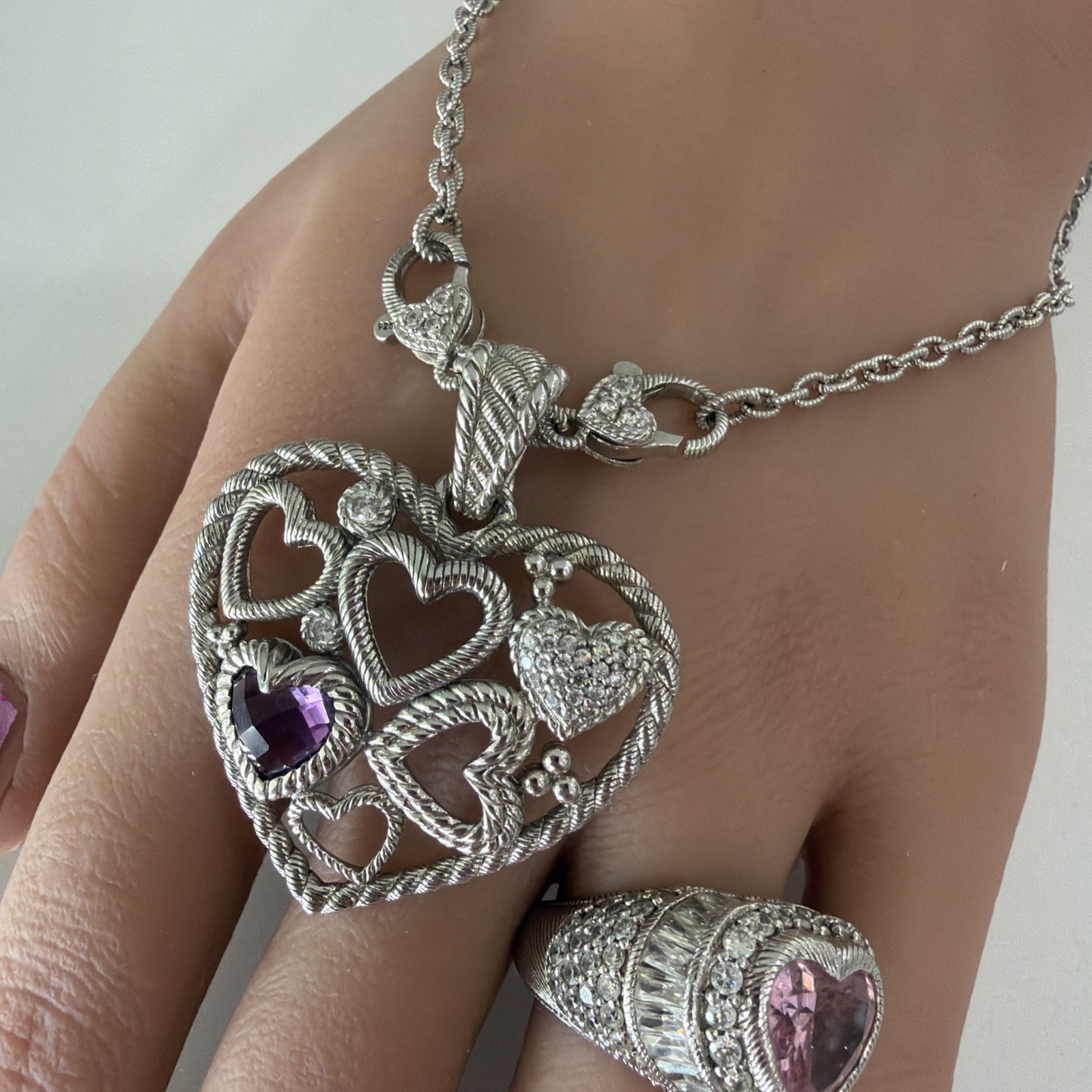 Judith Ripka Heart Pendant Purple Amethyst Multi Use Extender Necklace