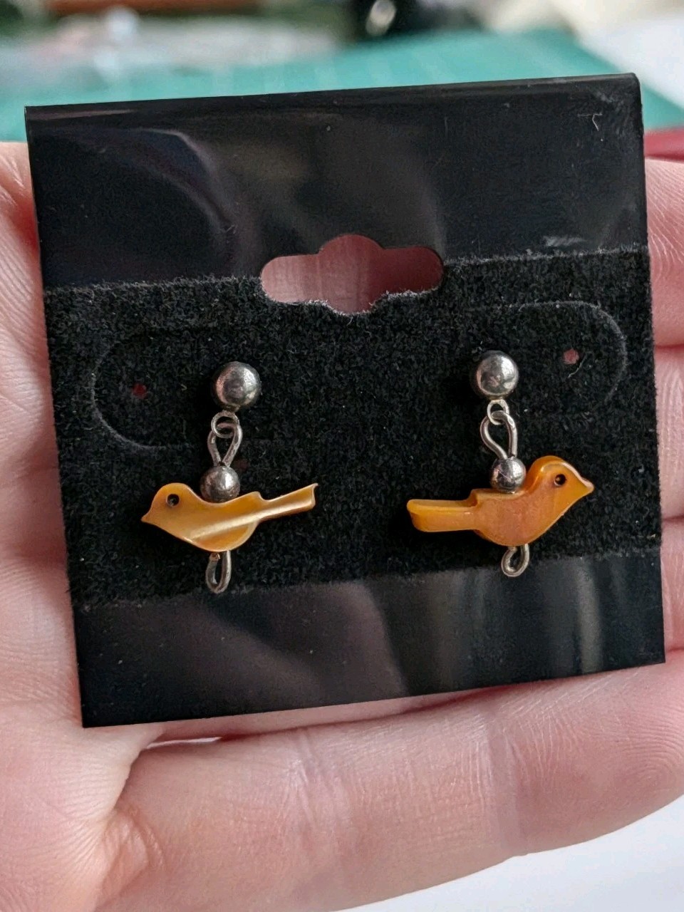 MCM Dainty Fetish Pierced Silver Tone Earrings Carved Orange Brown Shell Birds