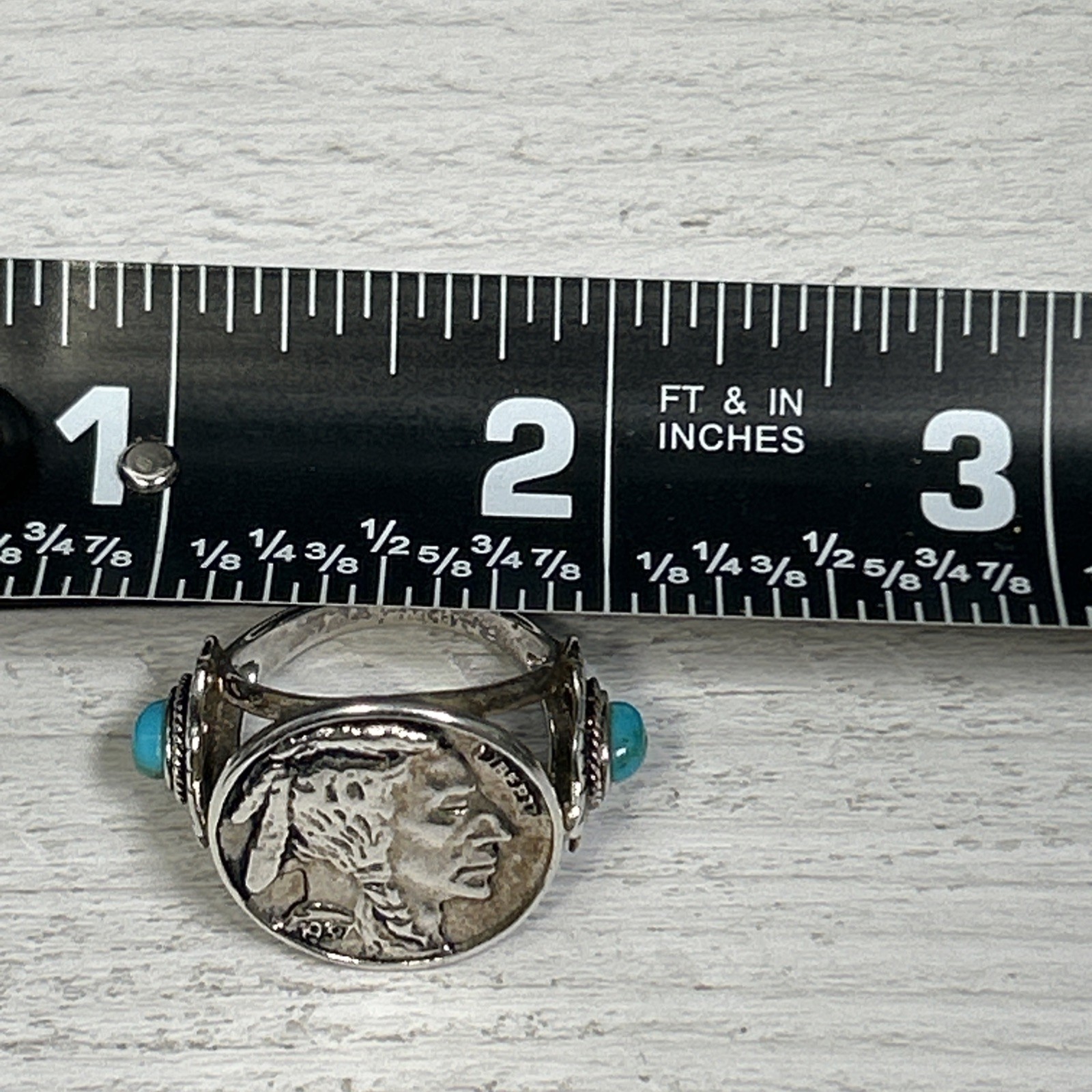 Vintage Silver 925 Navajo 1937 Indian Head Nickle Turquoise Ring Signed BBJ Sz 7