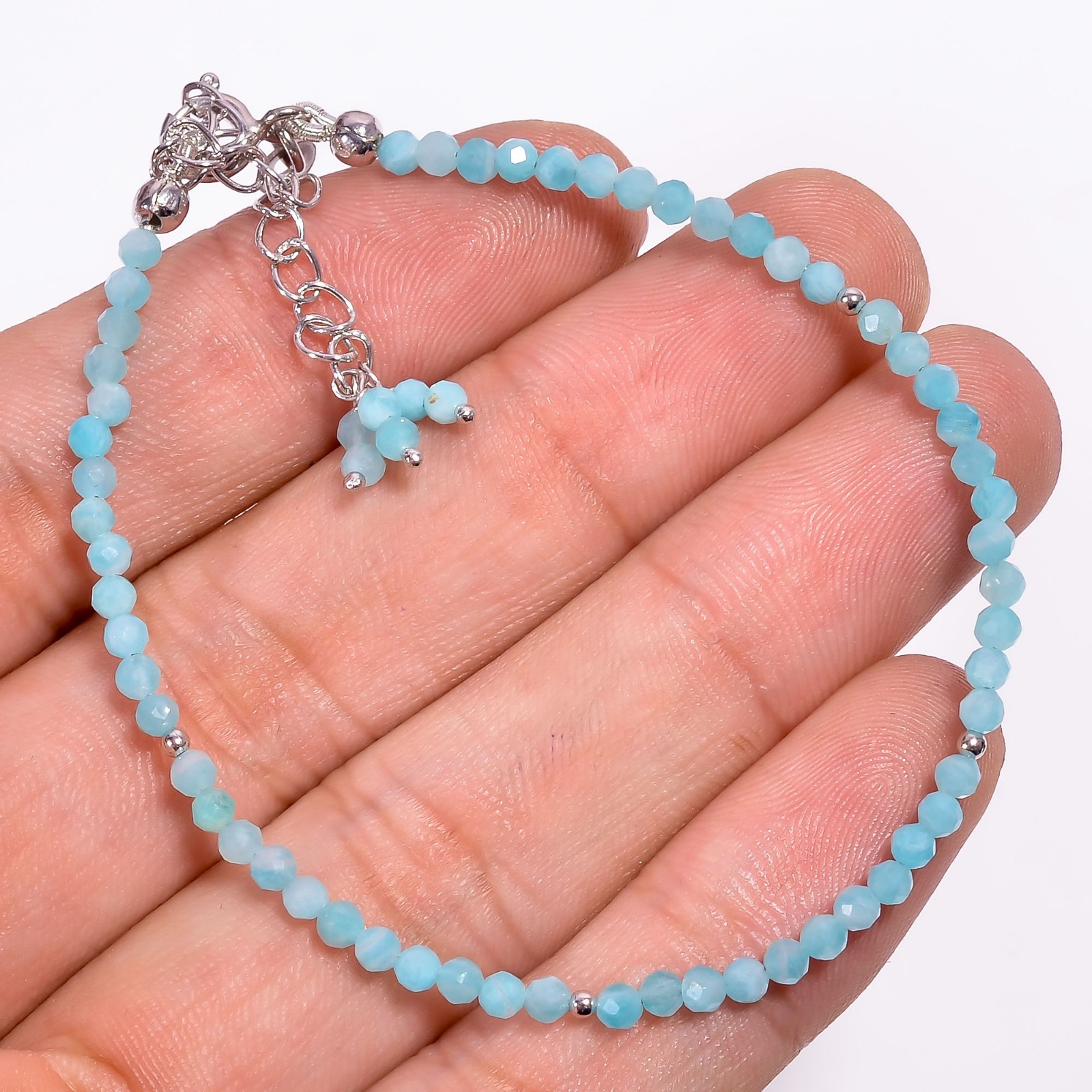 AAA Natural Amazonite 925 Sterling Silver Faceted Beads Bracelet 7-9″ P-775