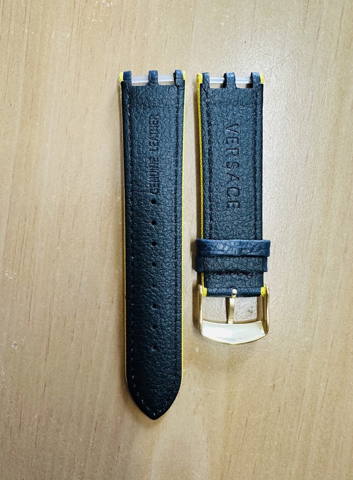 VERSACE WATCH STRAP , VAH , BLUE + YELLOW STITCHING YELLOW, GOLDEN TONGUE BUCKLE