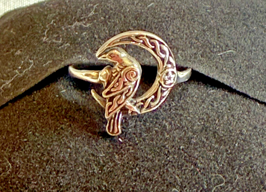 Sterling Silver Raven On Crescent Moon With Celtic Raven Ring Size 6