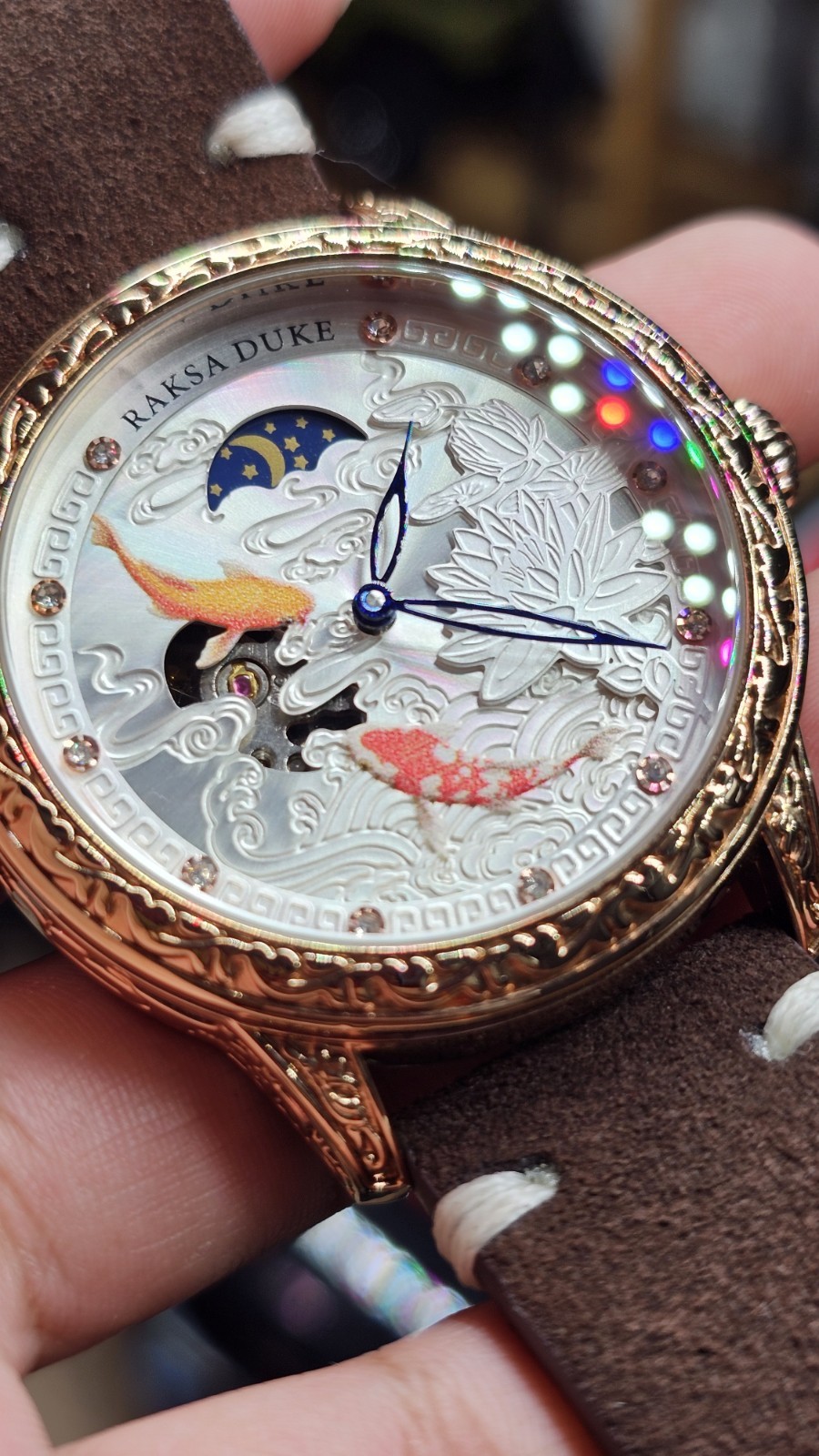 Tevise Raksa Duke T890DF Mechanical Watch 3D Koi Fish Dial, With New Suede Strap