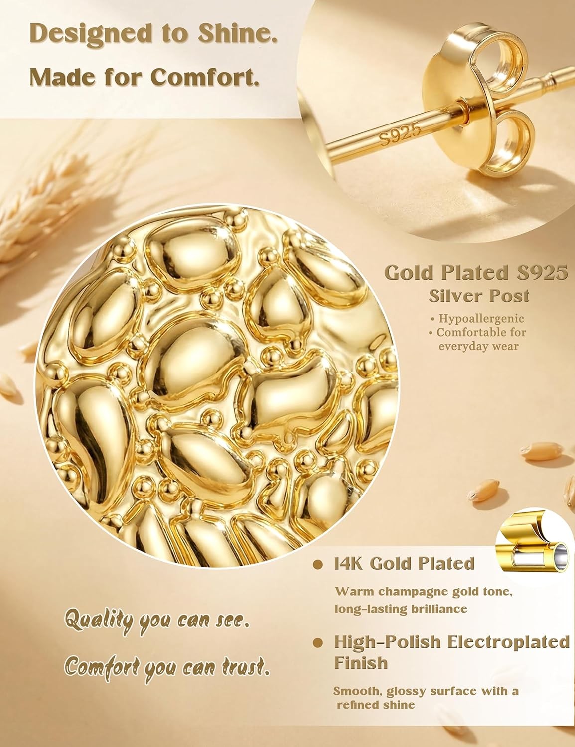 925 Sterling Silver Post Nugget Earrings for Men Hypoallergenic 14K Gold Plated