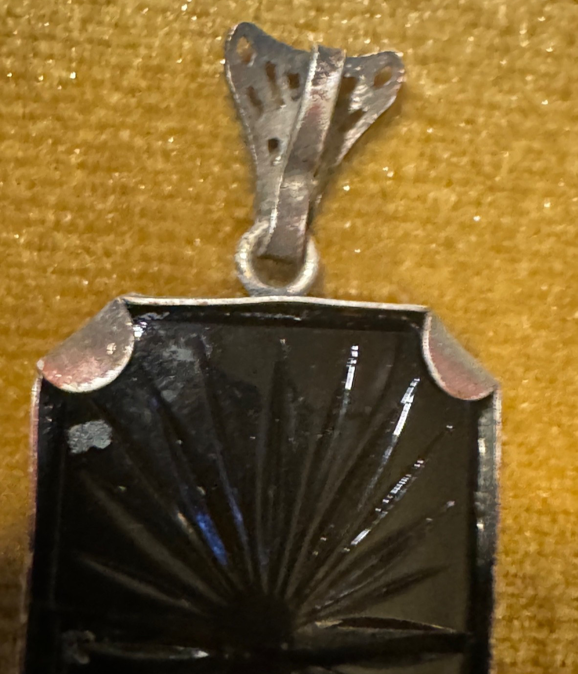 Antique Ornate Border with Black Onyx Mourning Pendant Etched Cross & Star Prism