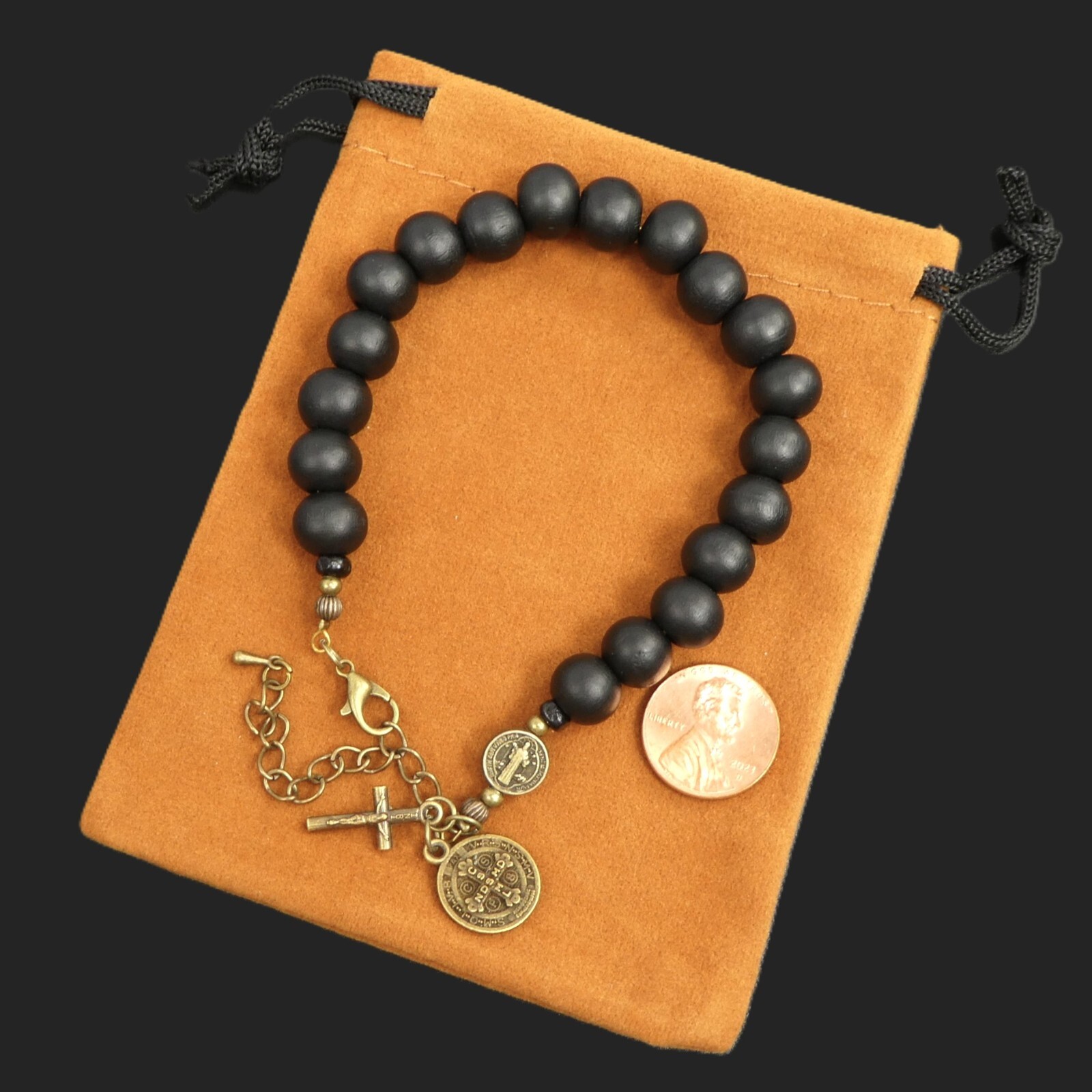 Ebony Wood Beads St. Benedict Medal Cross Charm Bracelet Gift