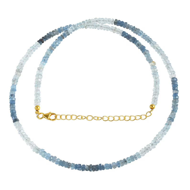 Natural Santa Maria Aquamarine 4mm Beaded Necklace 925 Silver Handmade Gift 18″