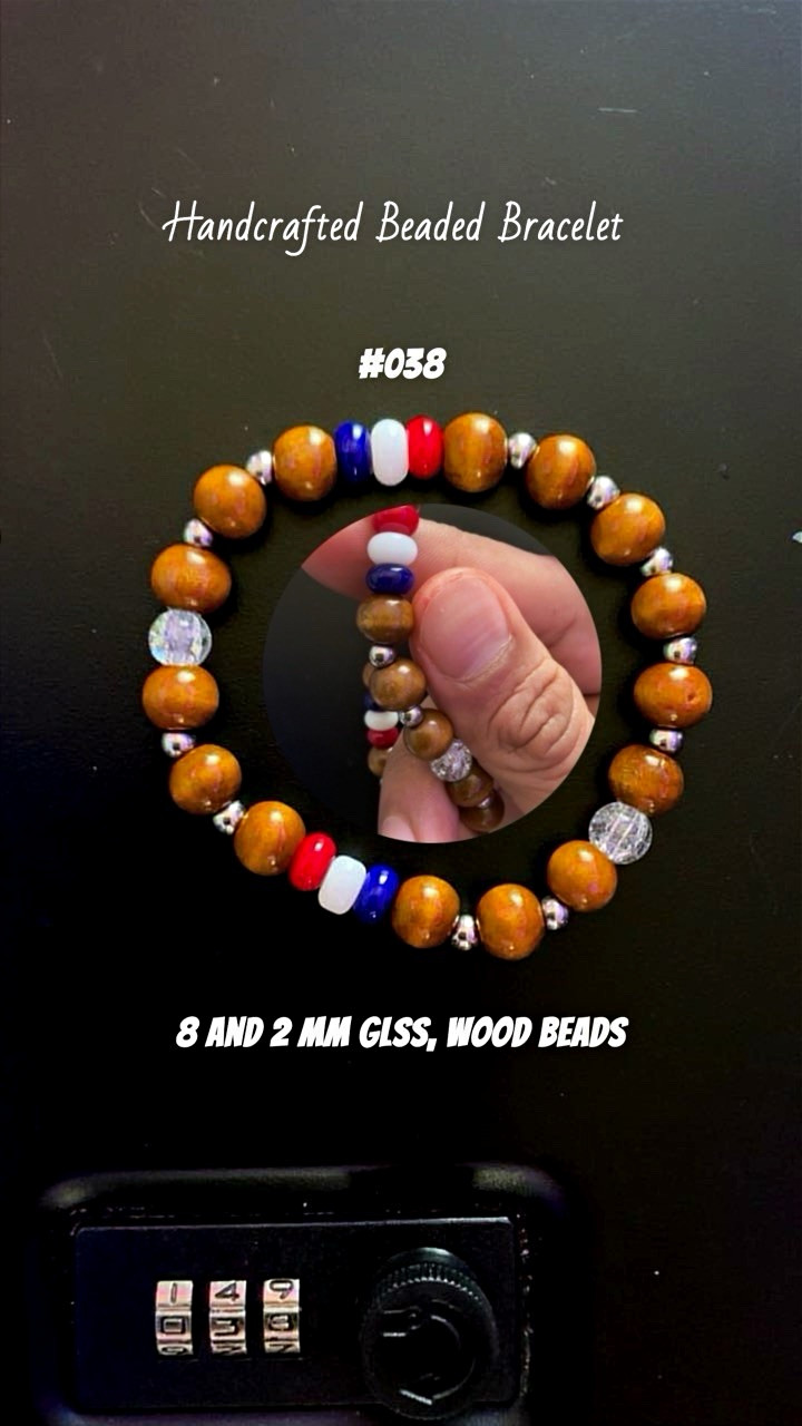 Handmade Brown/Red/White/Blue Glass & Wood Beaded Bracelet, Unisex #038