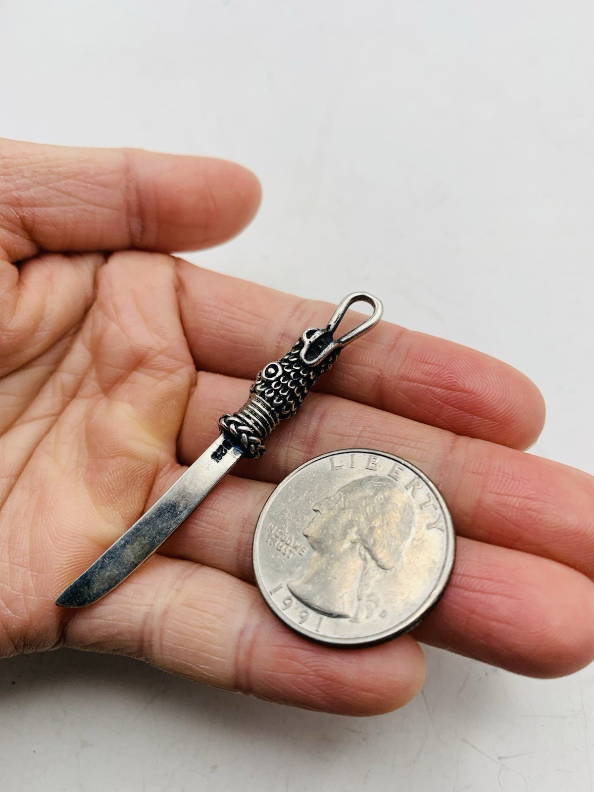 Vintage Sterling Silver 925 Asian Dragon Animal Dagger Knife Sword Charm Pendant