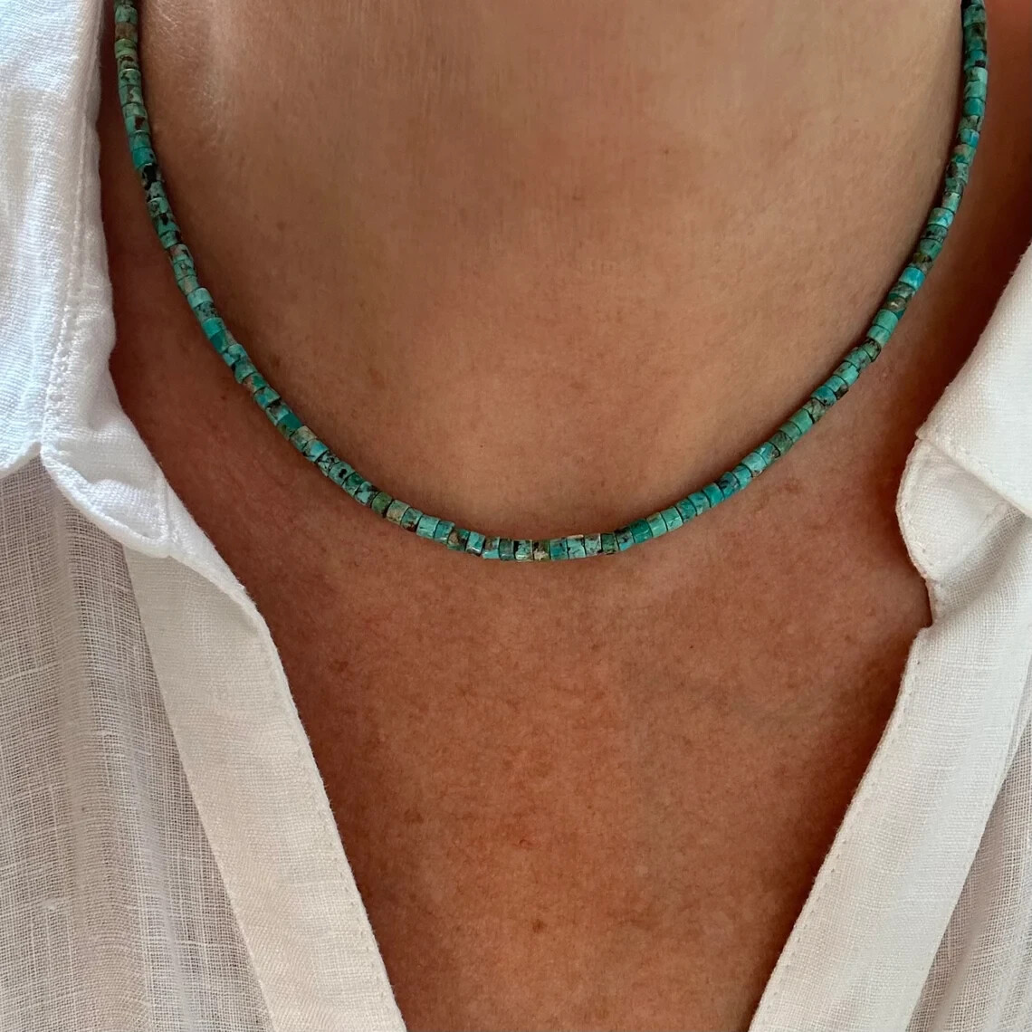 Tiny Micro 3mm Kingman Turquoise Beaded Necklace, Turquoise Heishi Bead Necklace